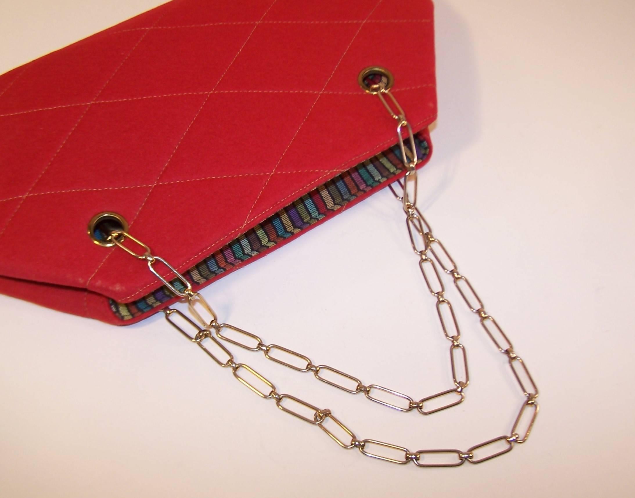 Mod 1960's Red Wool Quilted Handbag With Chain Handle 3