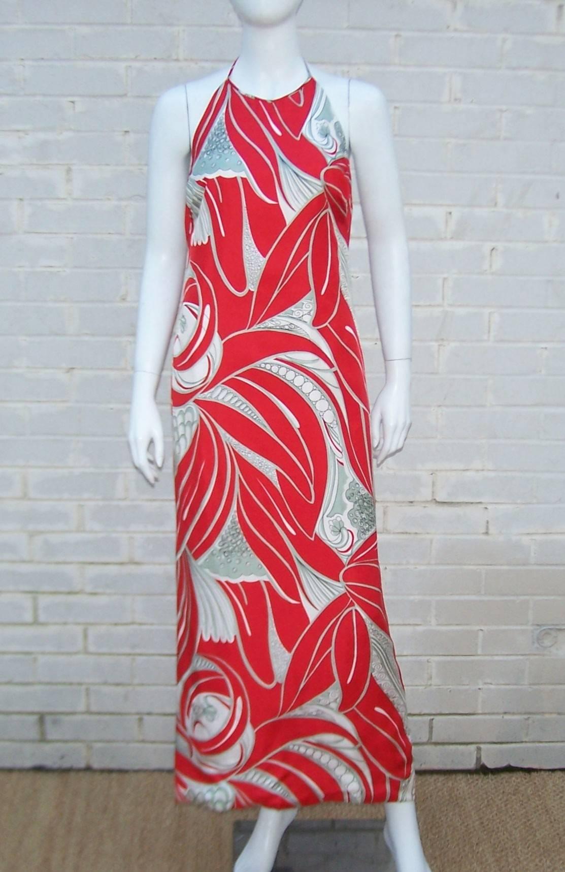 Tropical 1970's Halter Evening Dress With Dramatic Chiffon Cape In Good Condition In Atlanta, GA