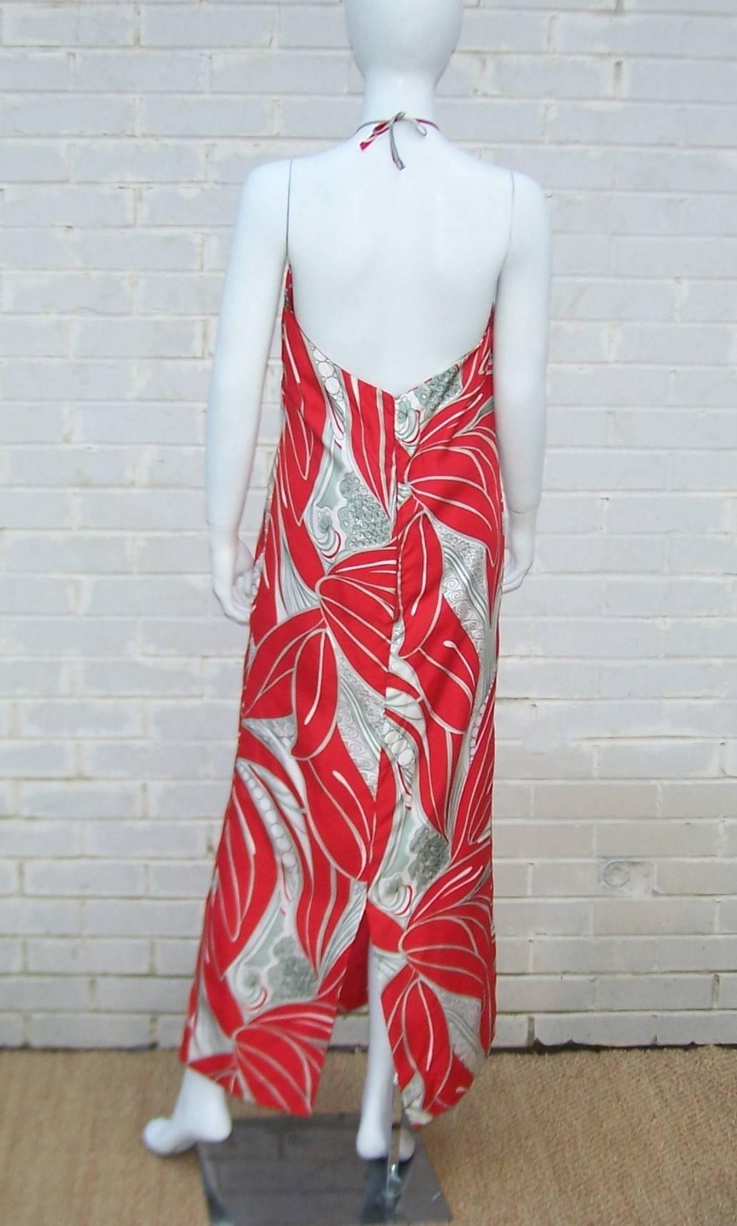 Tropical 1970's Halter Evening Dress With Dramatic Chiffon Cape 1