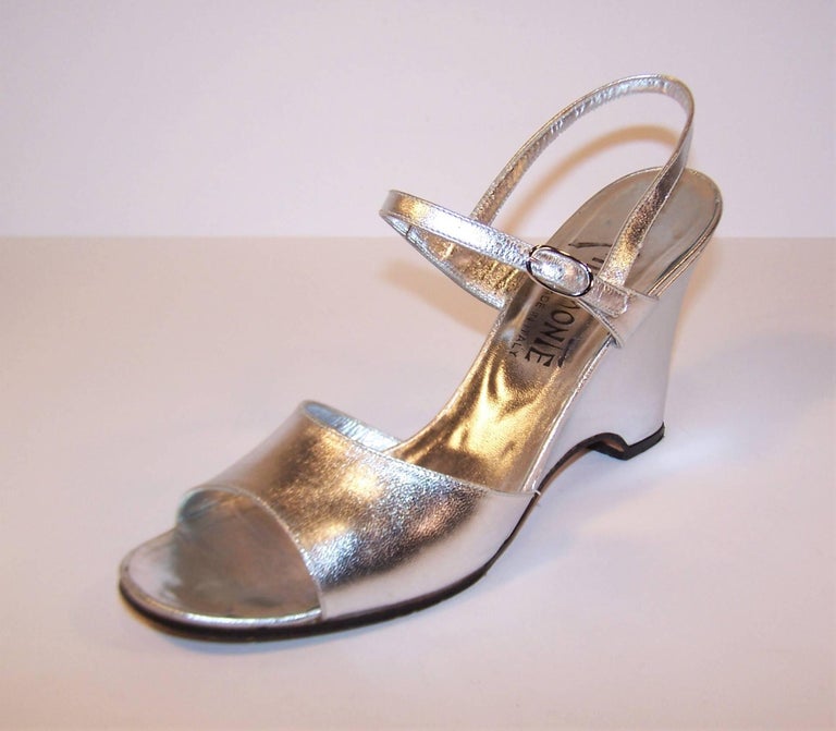 Disco Era 1970's Italian Silver Leather Wedge Sandals Sz 8-8.5 For Sale ...