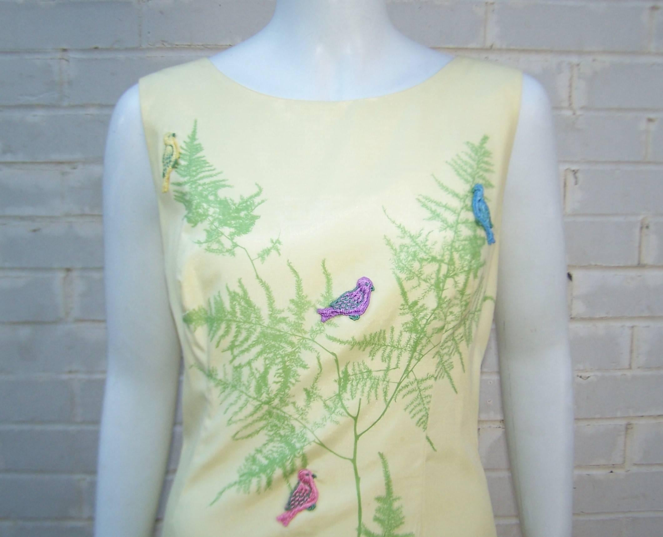 This adorable C.1970 polished cotton dress from the sportswear company, Serbin, is a simple warm weather look with the visual bonus of bird appliques.  The dress zips and hooks at the back with a flattering hourglass silhouette in a buttery yellow