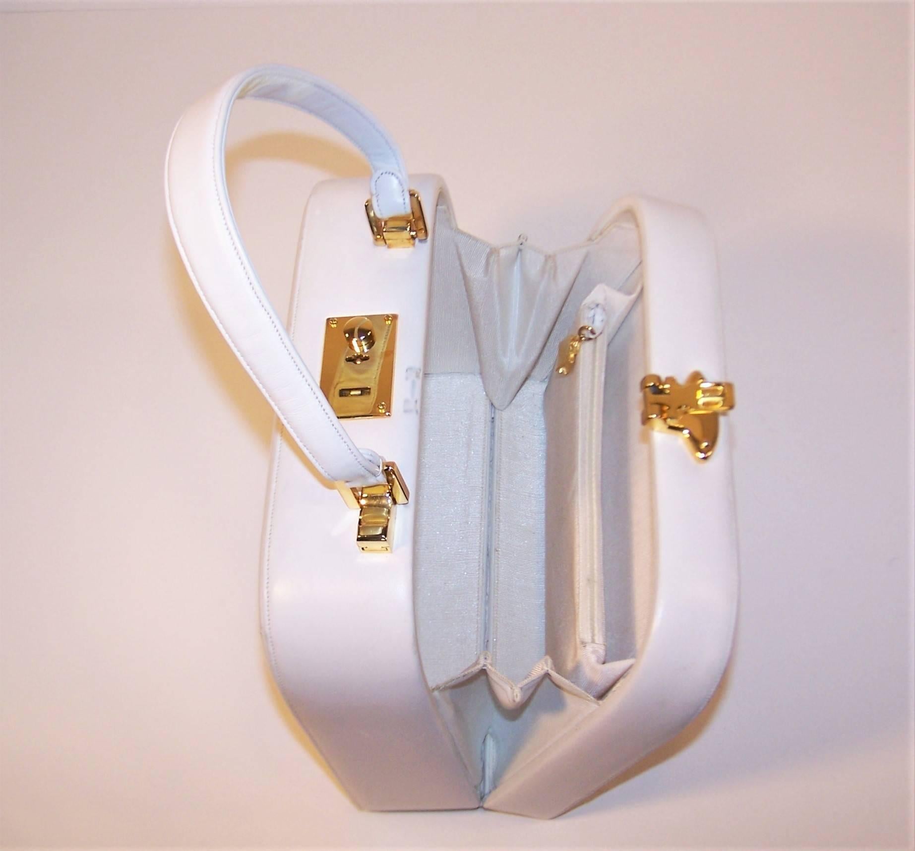 C.1990 Judith Leiber White Leather Box Handbag With Convertible Handles 1