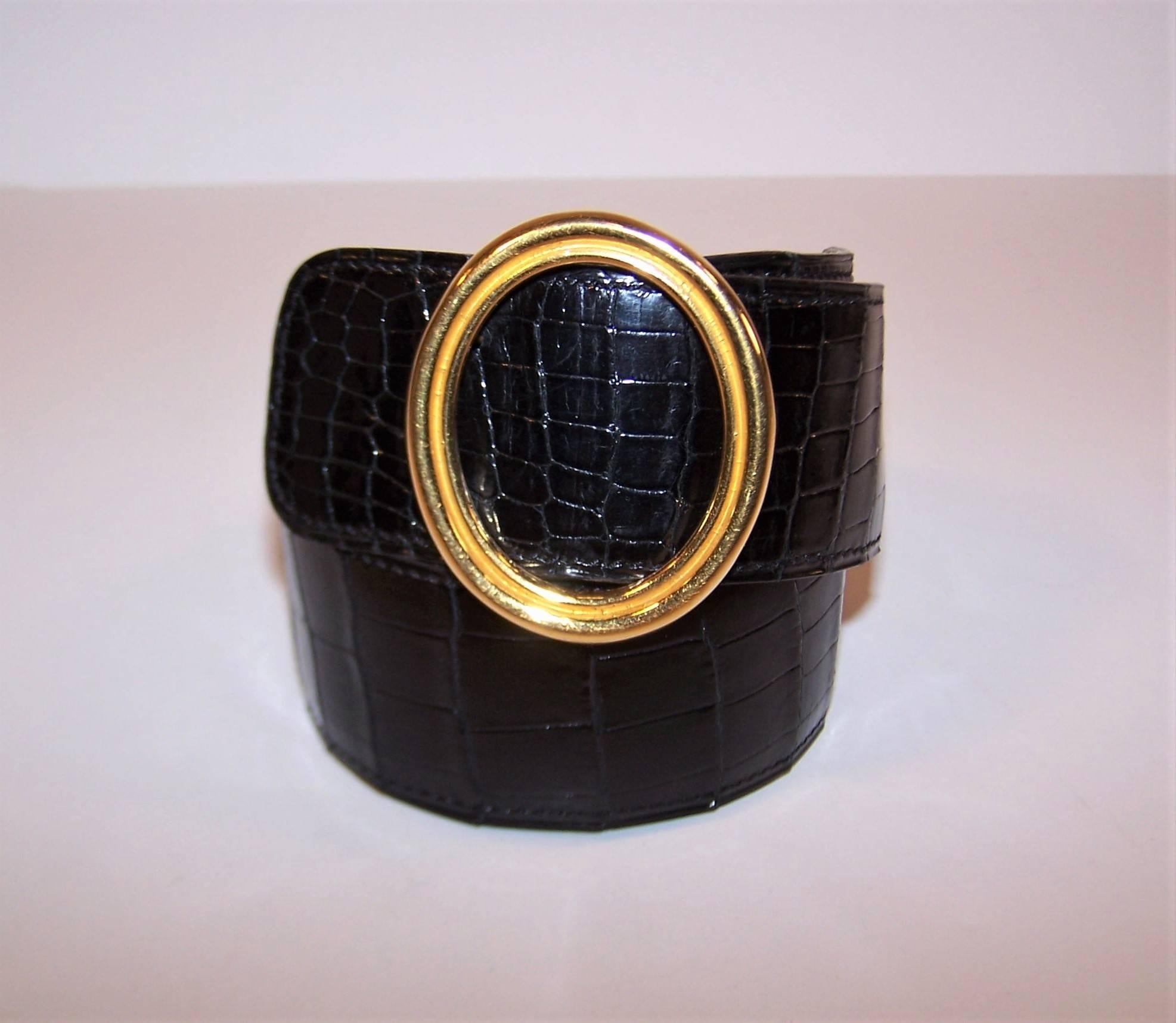 Classic 1980's Hermes Black Crocodile Belt With Oval Buckle In Excellent Condition In Atlanta, GA