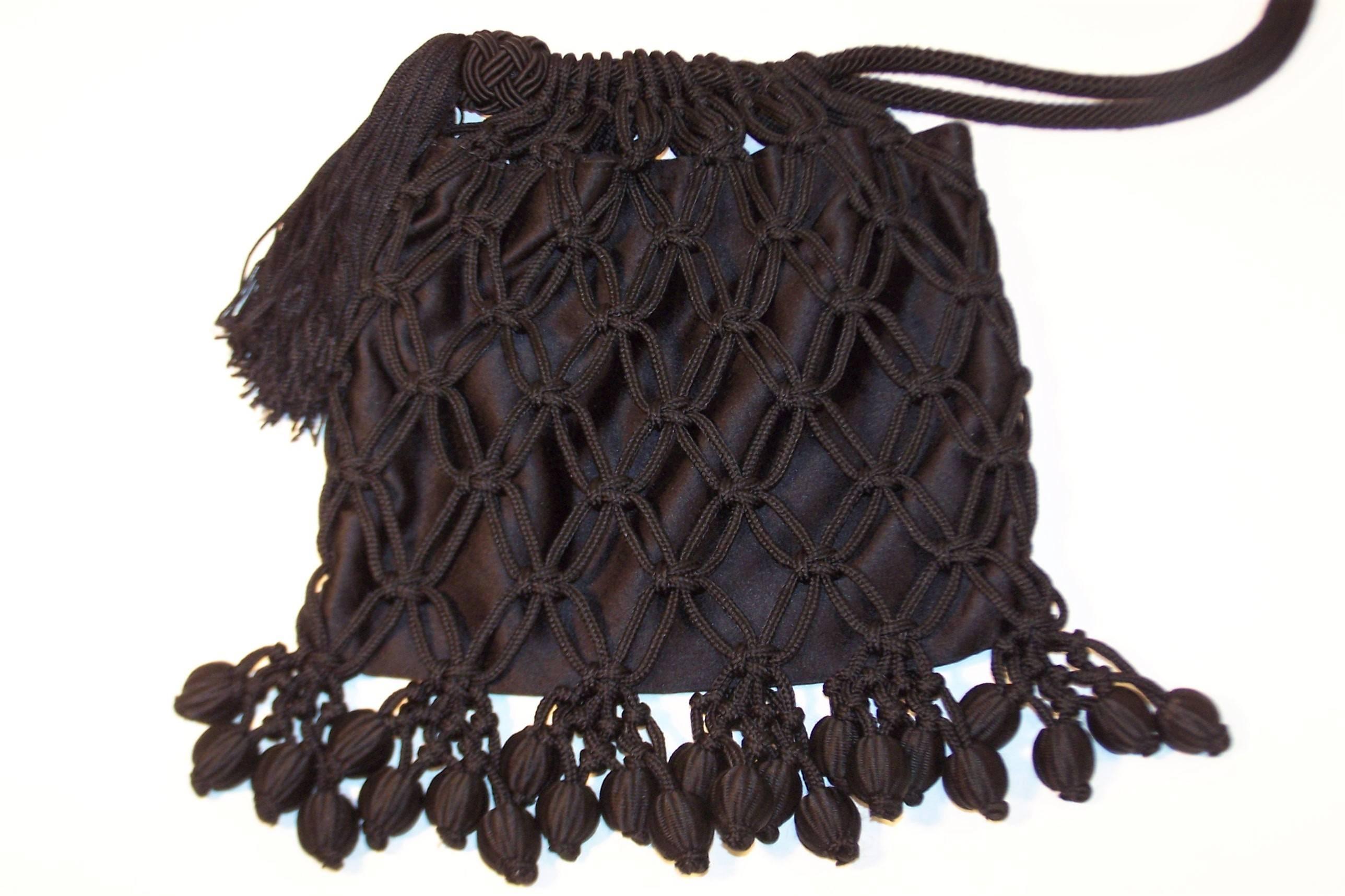 Women's Flapper Style C.1990 Bottega Veneta Black Silk Drawstring Handbag