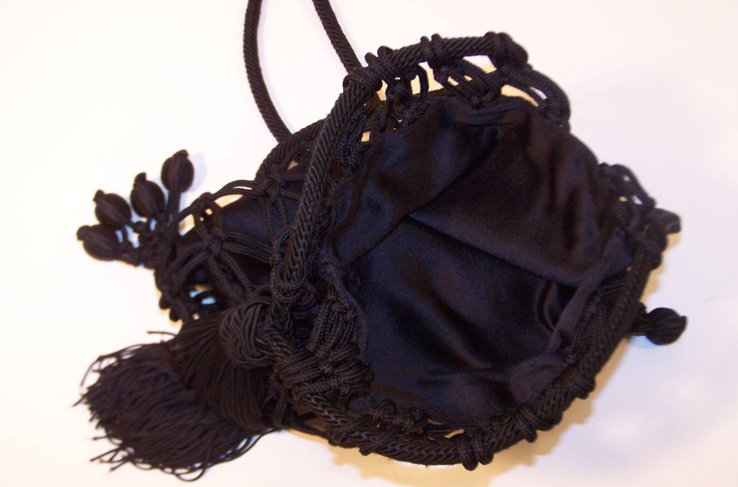 Flapper Style C.1990 Bottega Veneta Black Silk Drawstring Handbag 4