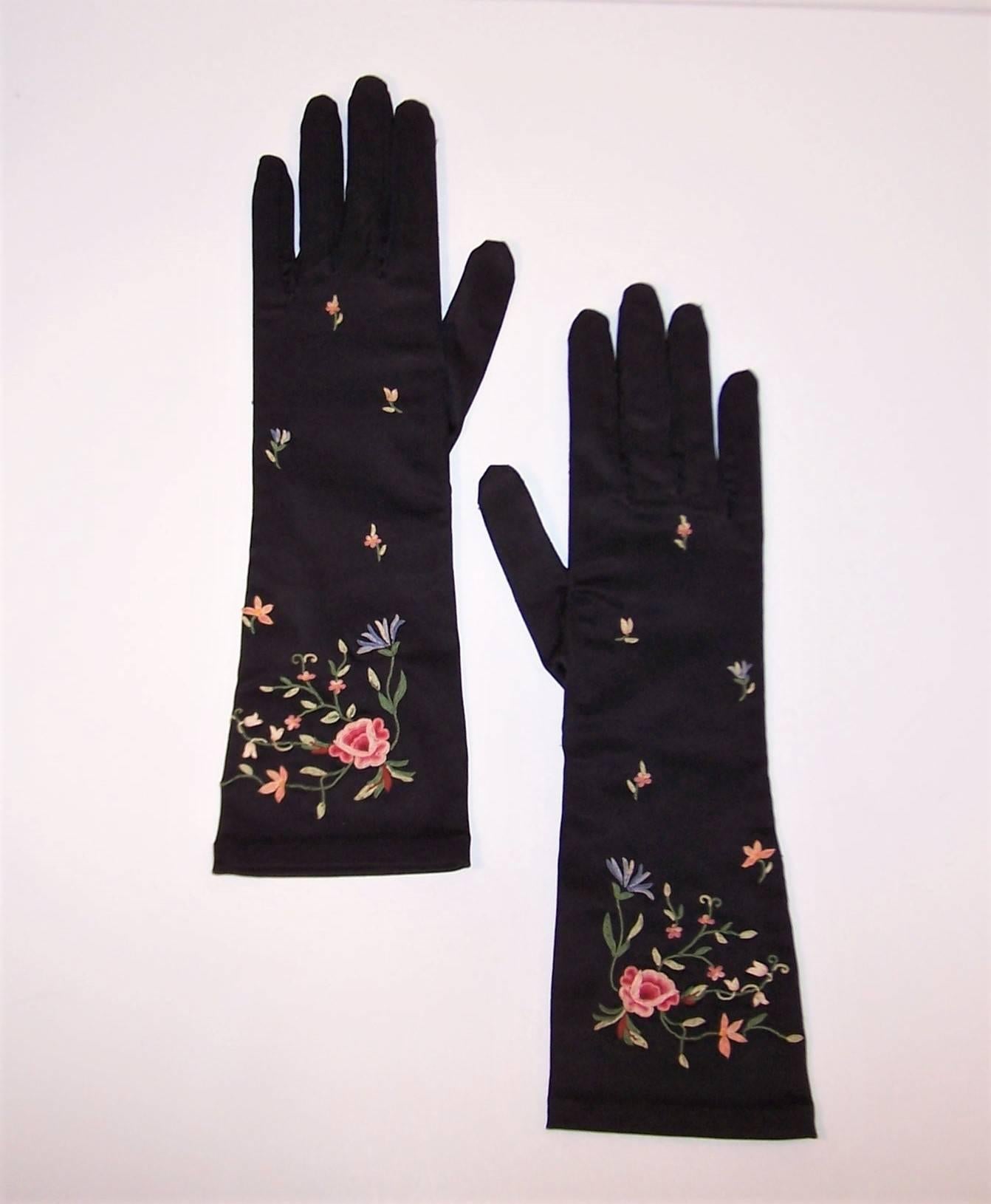 Elegant 1950's Black Satin Embroidered Evening Gloves 1