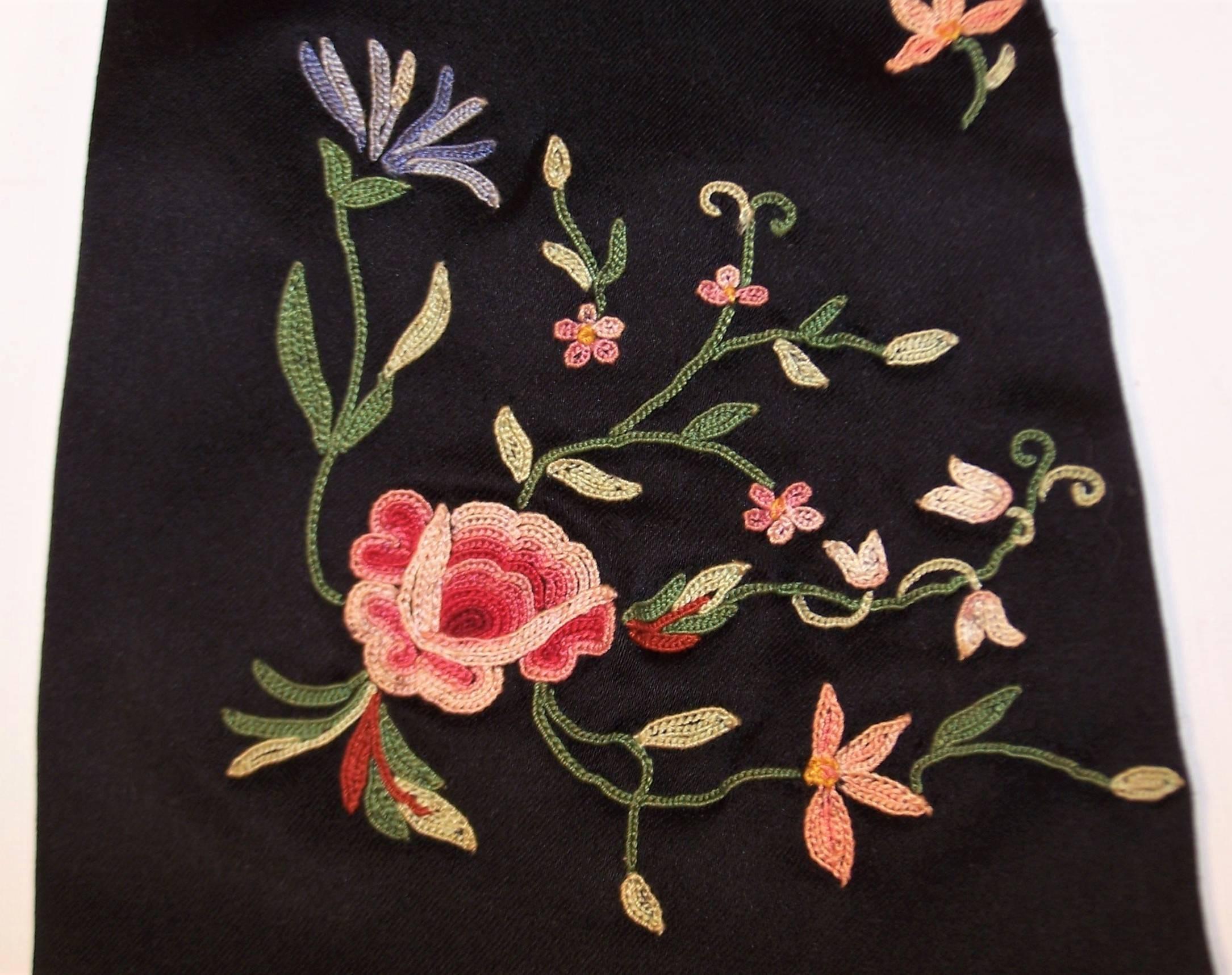 Elegant 1950's Black Satin Embroidered Evening Gloves 4
