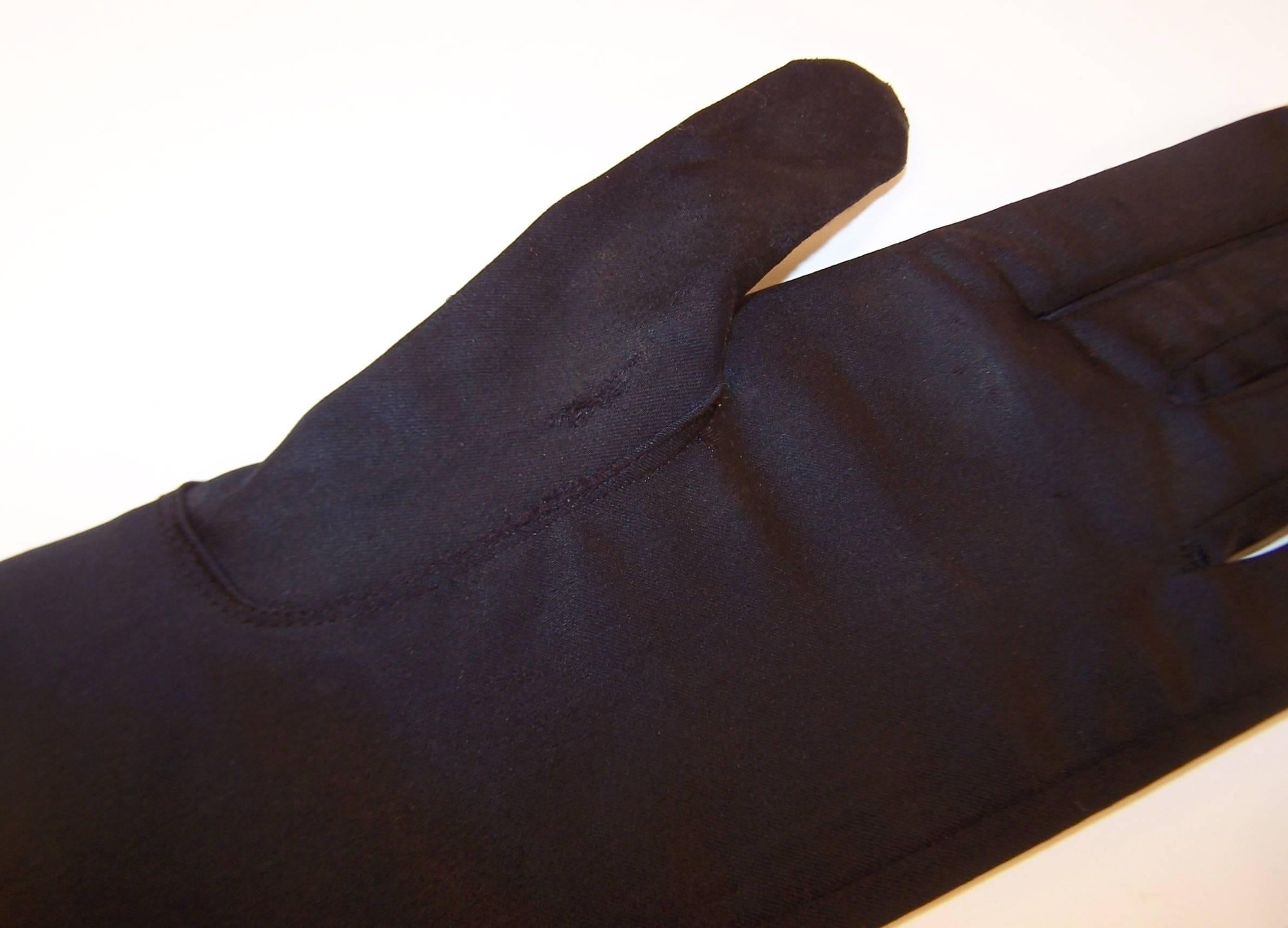 Elegant 1950's Black Satin Embroidered Evening Gloves 5