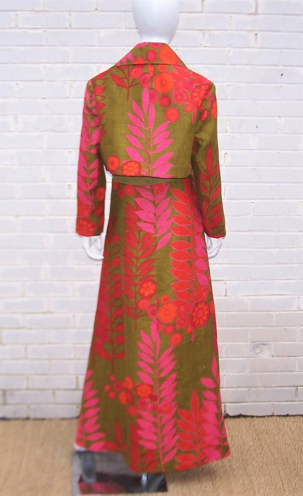 Mod & Vibrant C.1970 Linen Two Piece Maxi Dress & Jacket Ensemble  1