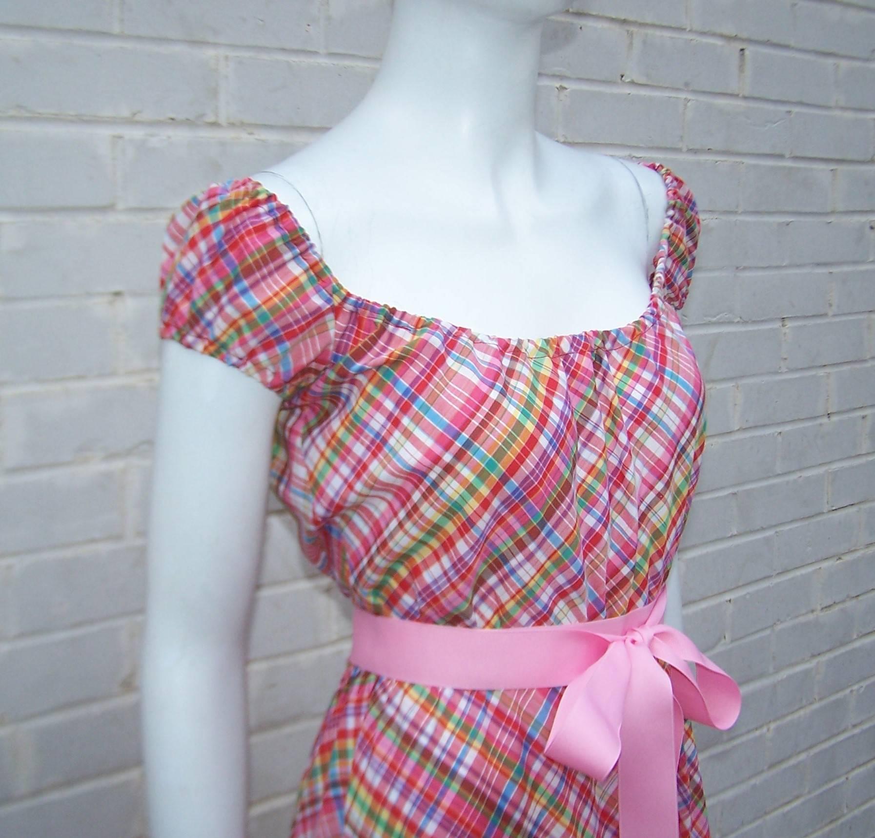 Cute 1970's Clovis Ruffin Cotton Plaid Maxi Dress In Excellent Condition In Atlanta, GA