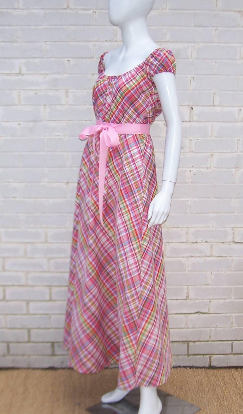Women's Cute 1970's Clovis Ruffin Cotton Plaid Maxi Dress