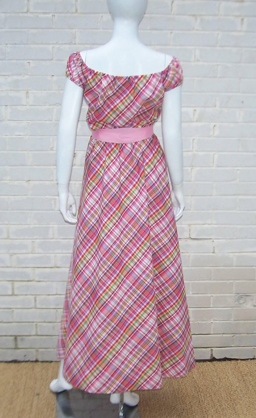 Cute 1970's Clovis Ruffin Cotton Plaid Maxi Dress 1