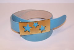 1980's Escada Star Gold Tone Buckle & Sky Blue Leather Belt