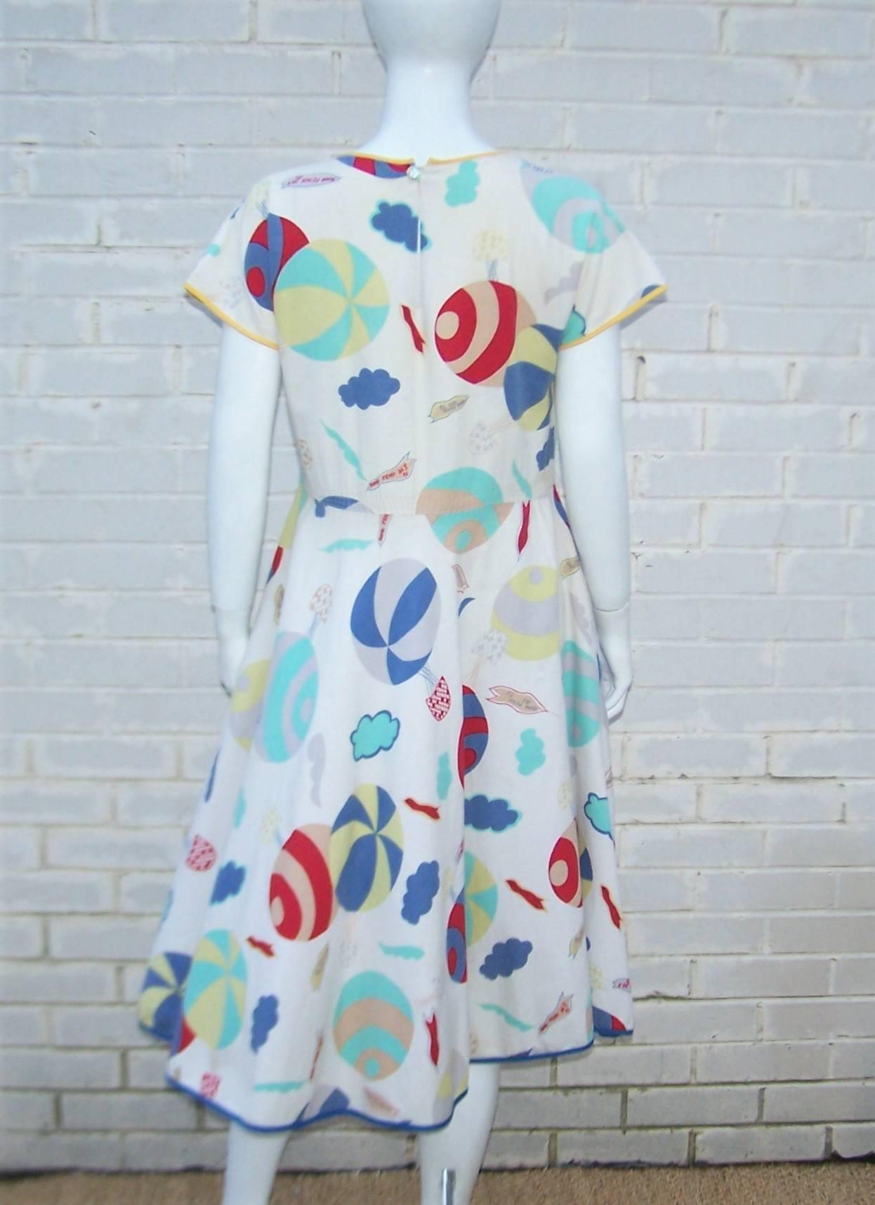 Women's Whimsical 1970's Cotton Day Dress With Hot Air Balloon Logo Print