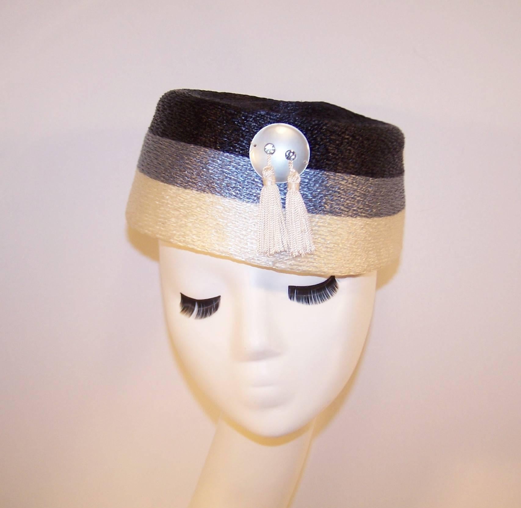 Black Stylish 1950's Evelyn Varon Blue Straw Hat With Tassels