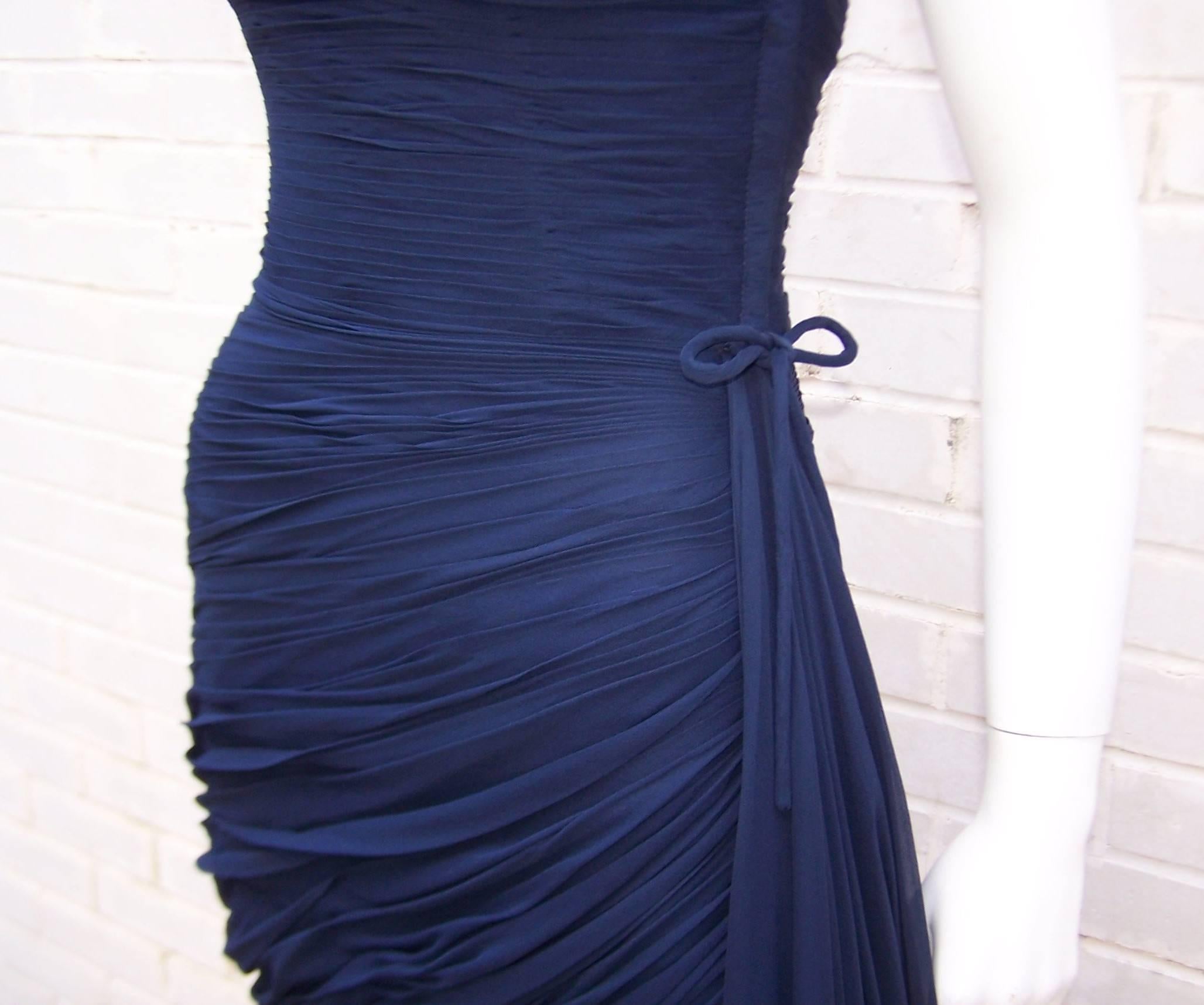 Black 1950's Jean Desses Attributed Nanty Blue Silk Chiffon Goddess Dress 