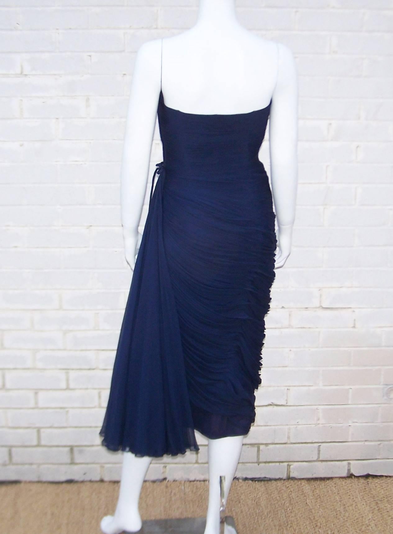 Women's 1950's Jean Desses Attributed Nanty Blue Silk Chiffon Goddess Dress 
