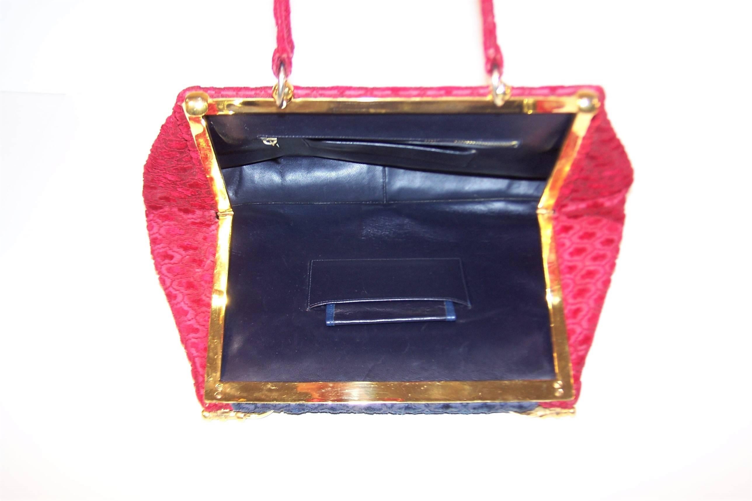 Women's 1950's Roberta Di Camerino Ruby Red & Blue Handbag With Outstanding Hardware