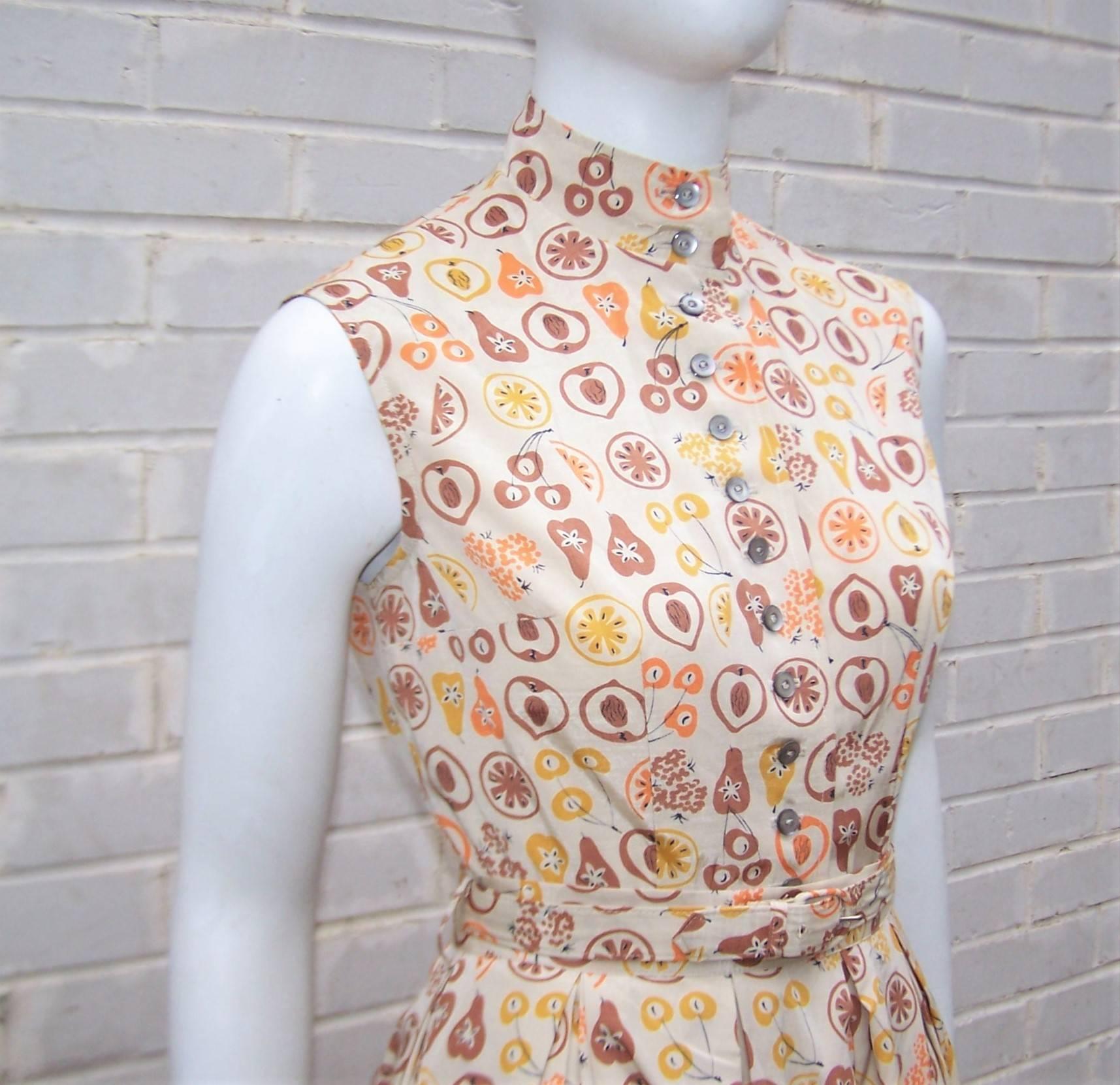 Beige Adorable 1950's Two Piece Dress Set With Fruit Print