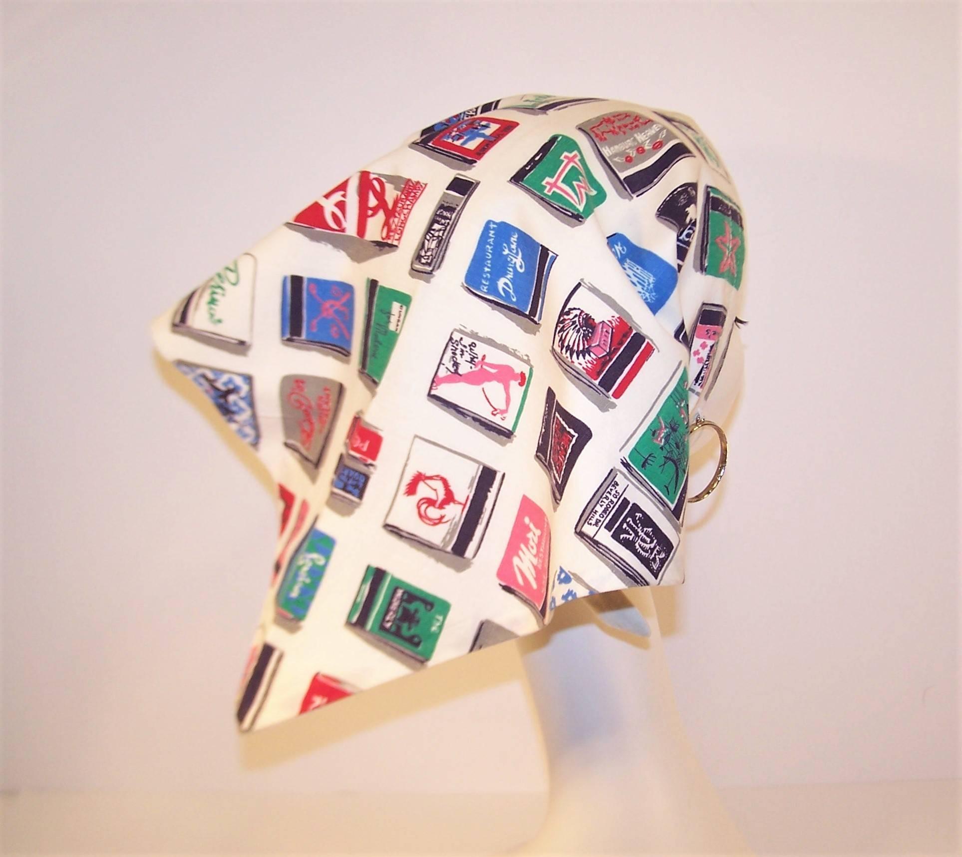1960's Novelty Head Scarf With Built In Earrings & Trompe L'oeil Print In Excellent Condition In Atlanta, GA