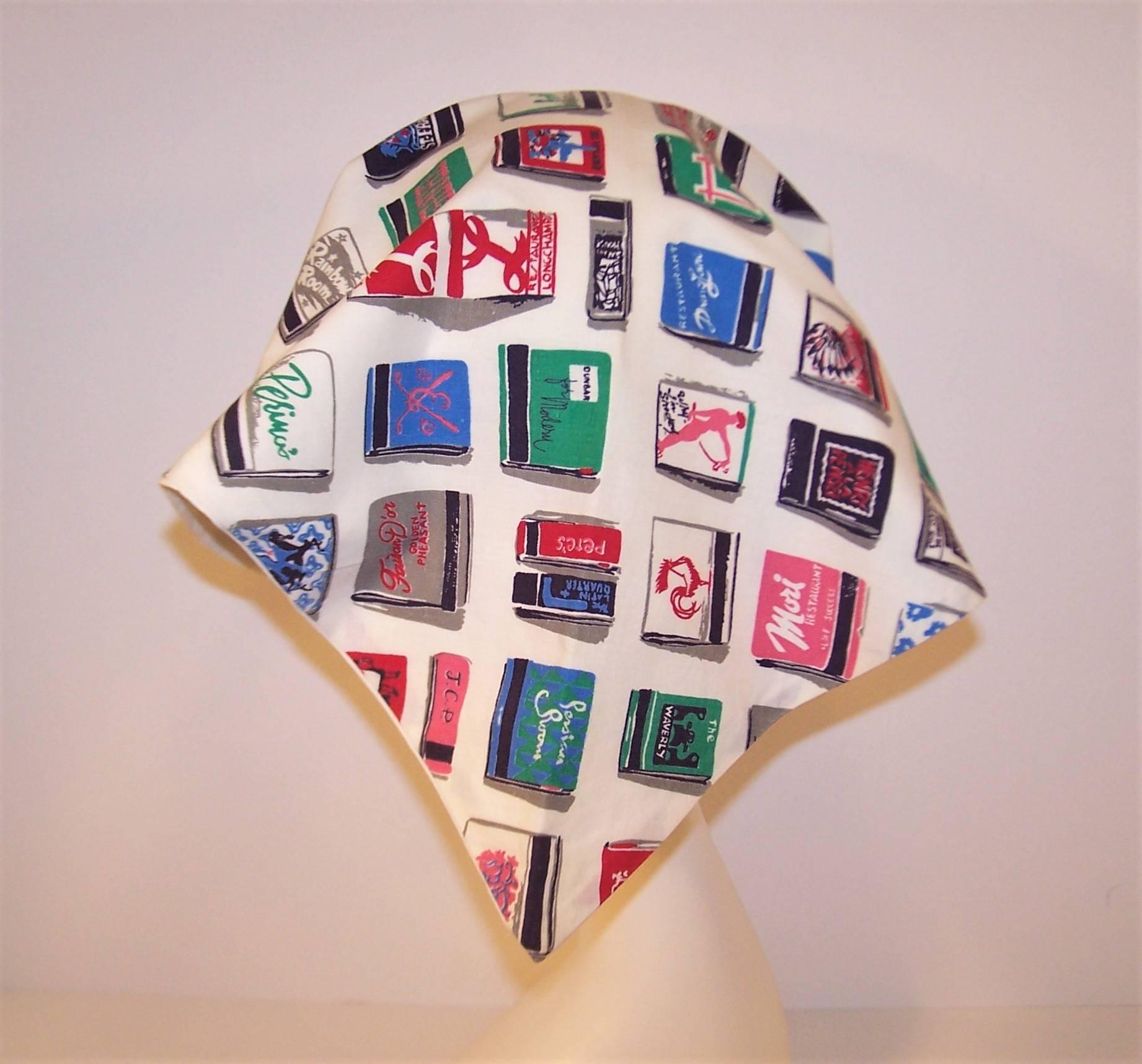 Women's 1960's Novelty Head Scarf With Built In Earrings & Trompe L'oeil Print