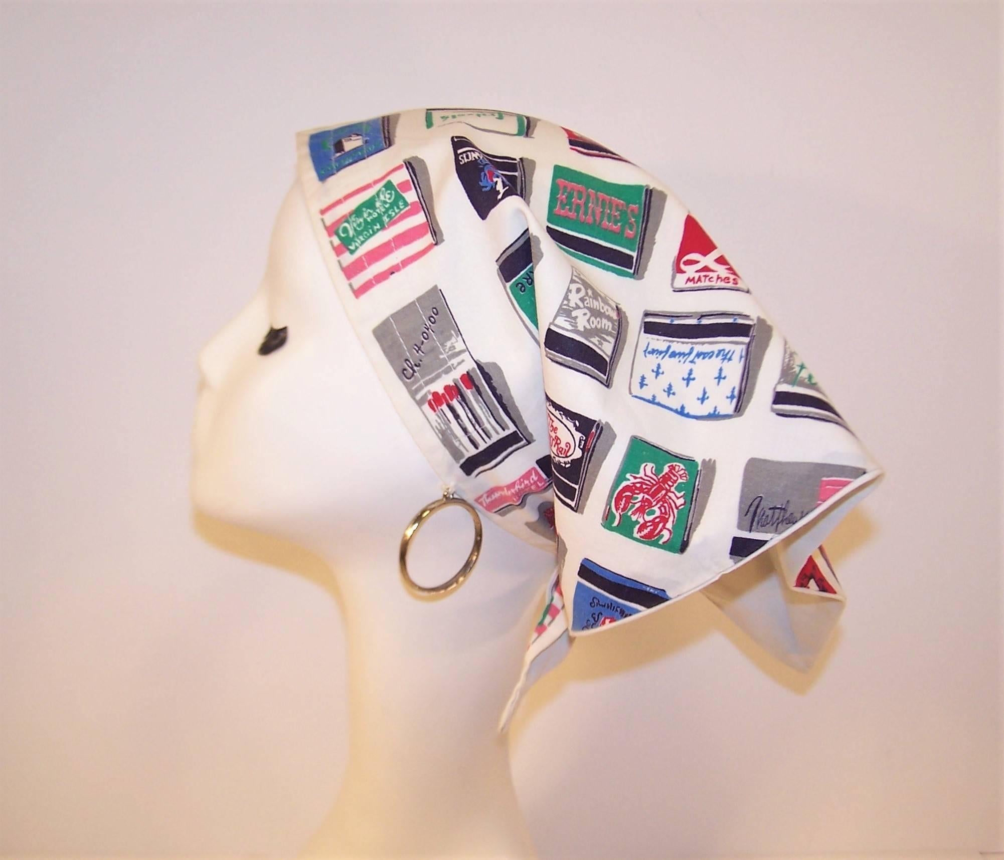 1960's Novelty Head Scarf With Built In Earrings & Trompe L'oeil Print 1