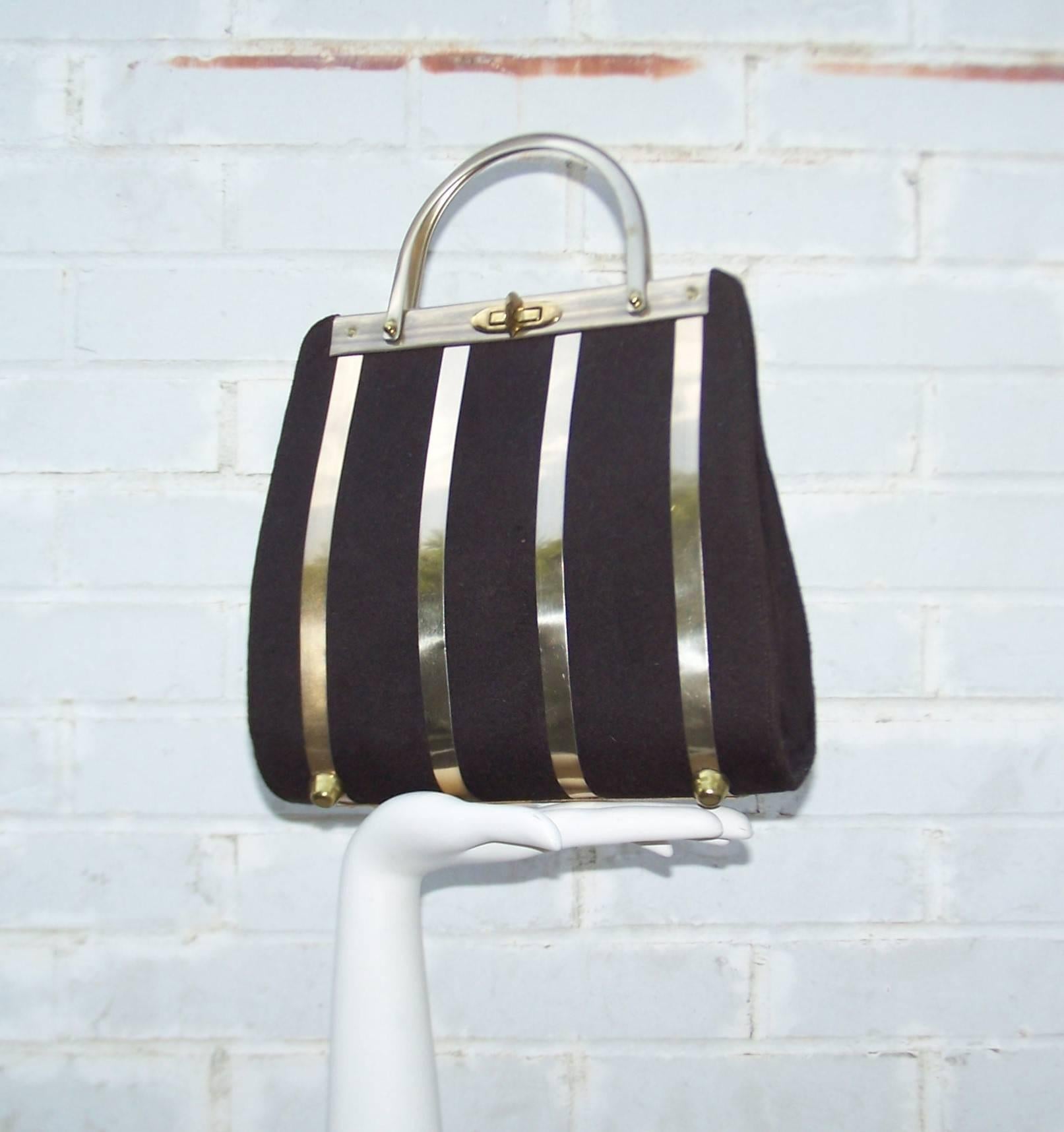 Black Unique 1950's Stylecraft of Miami Caged Brown Wool Handbag