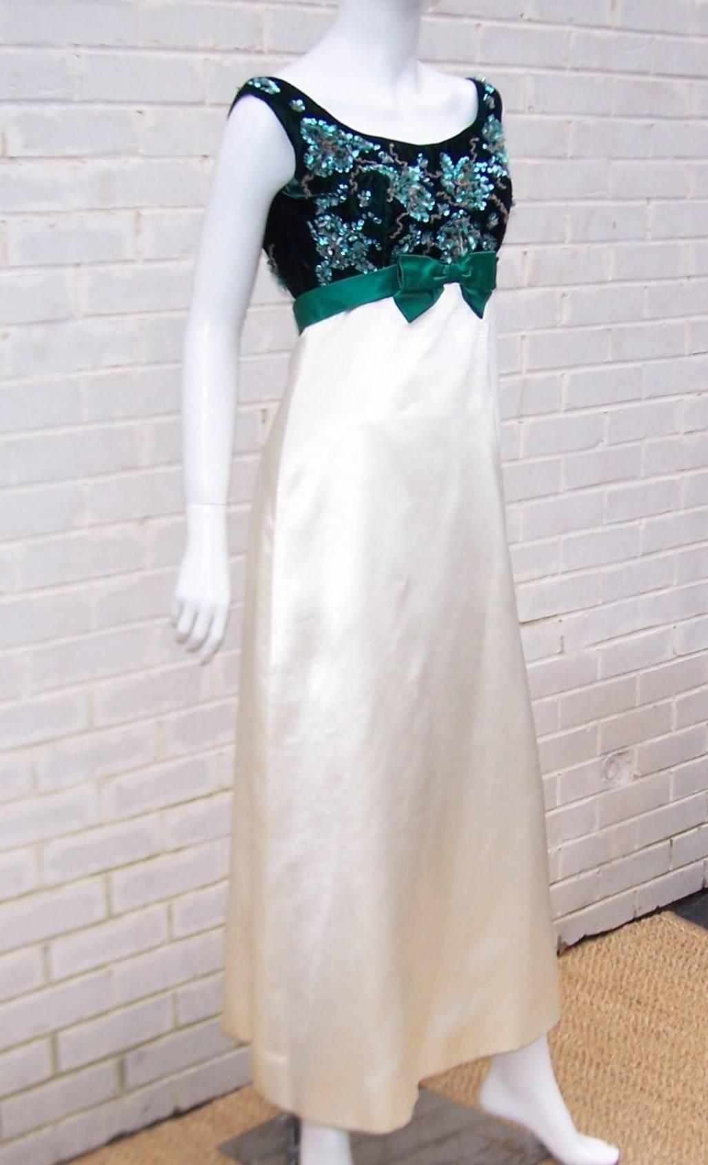 Glam 1960's Green Velvet & Satin Evening Gown With Beading 1