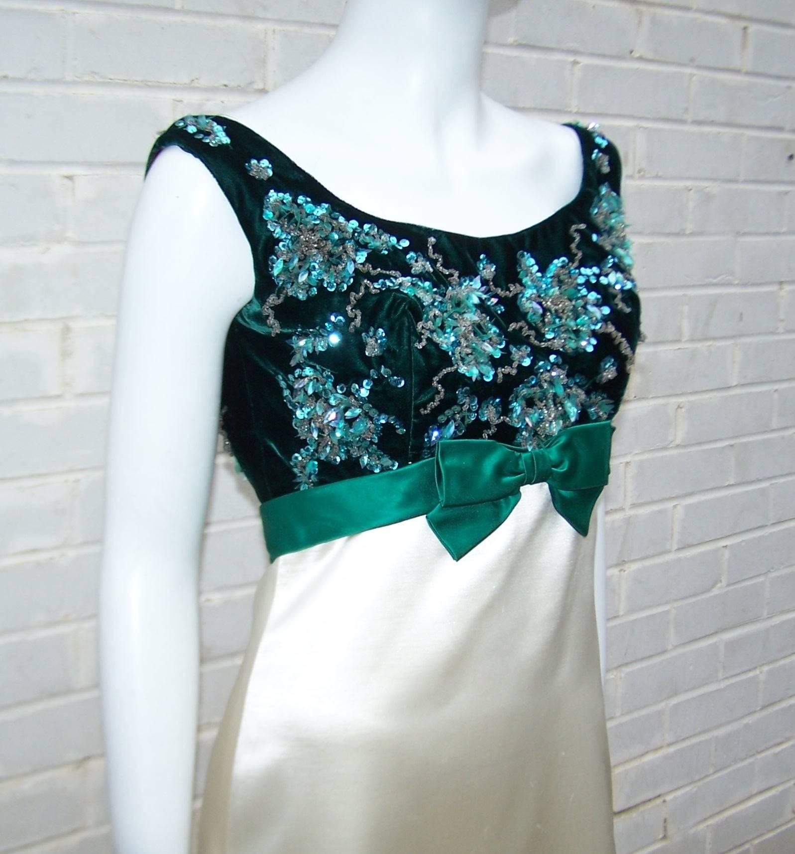 Glam 1960's Green Velvet & Satin Evening Gown With Beading 2
