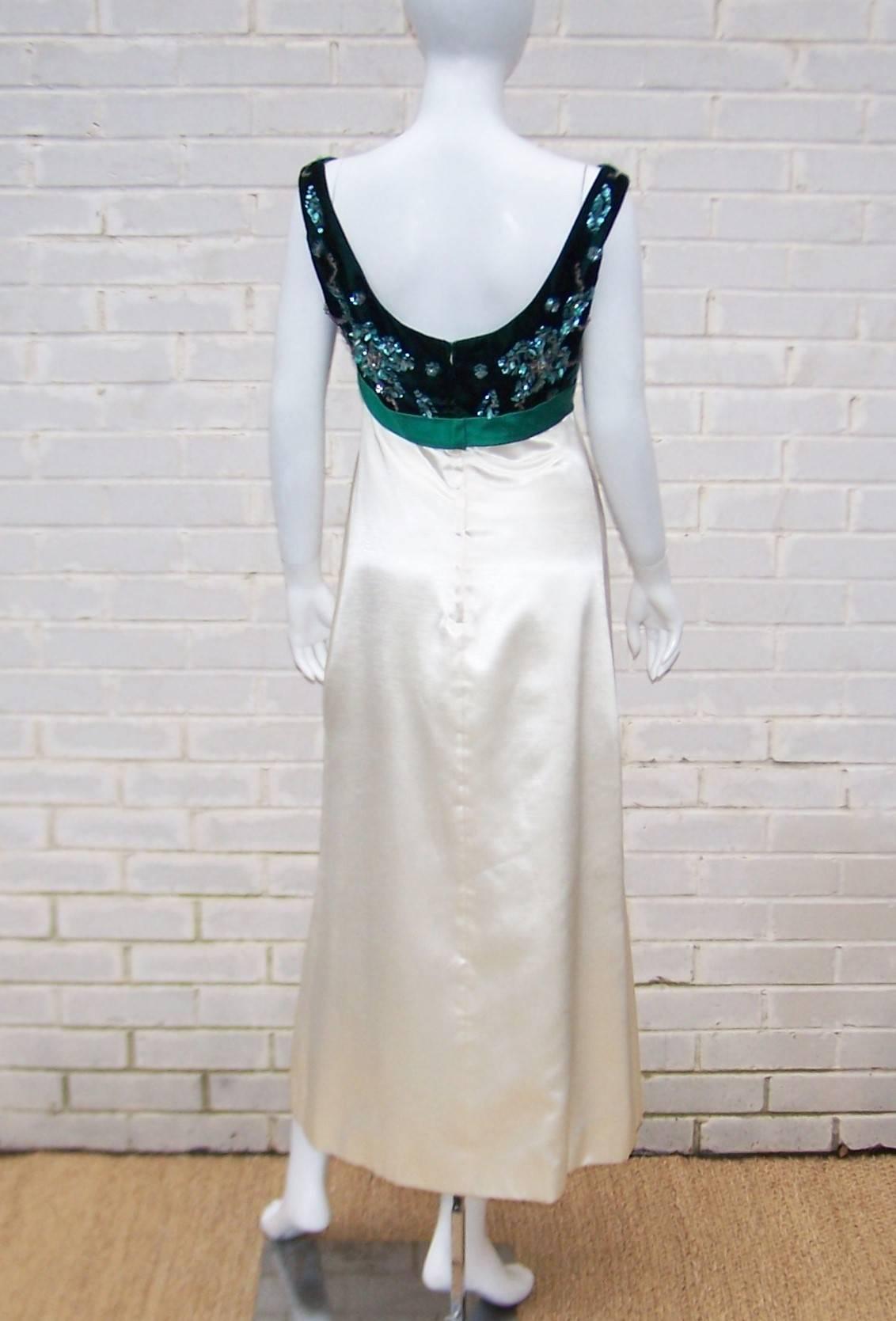 Glam 1960's Green Velvet & Satin Evening Gown With Beading 3
