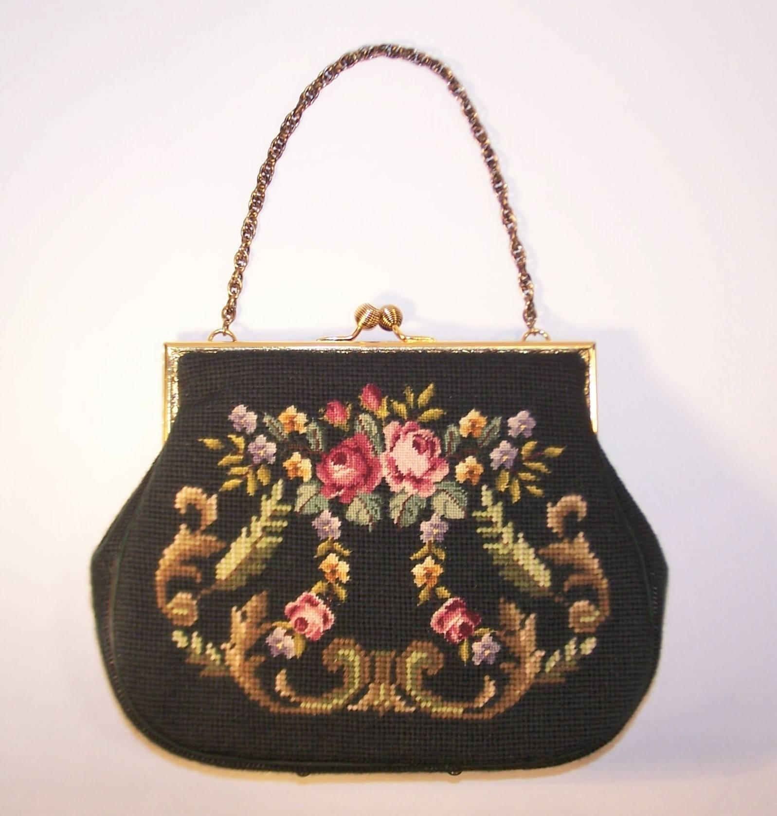 Black 1950's Green Needlepoint Handbag With Floral Motif & Chain Handle