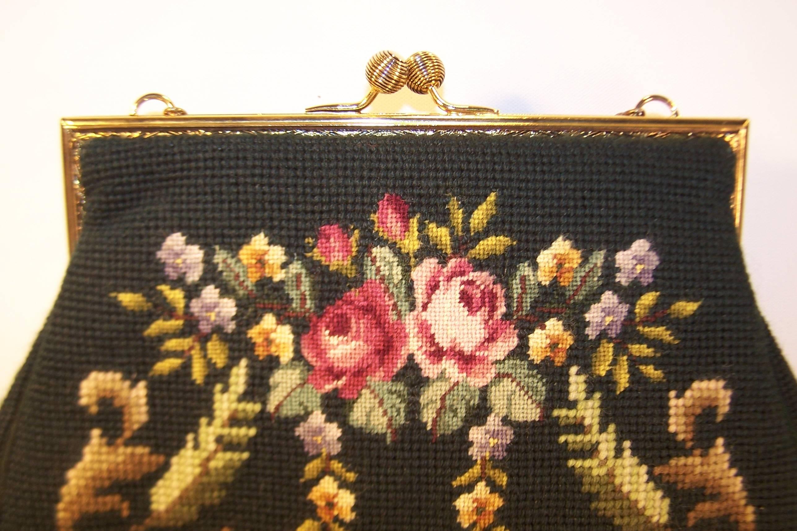 Women's 1950's Green Needlepoint Handbag With Floral Motif & Chain Handle