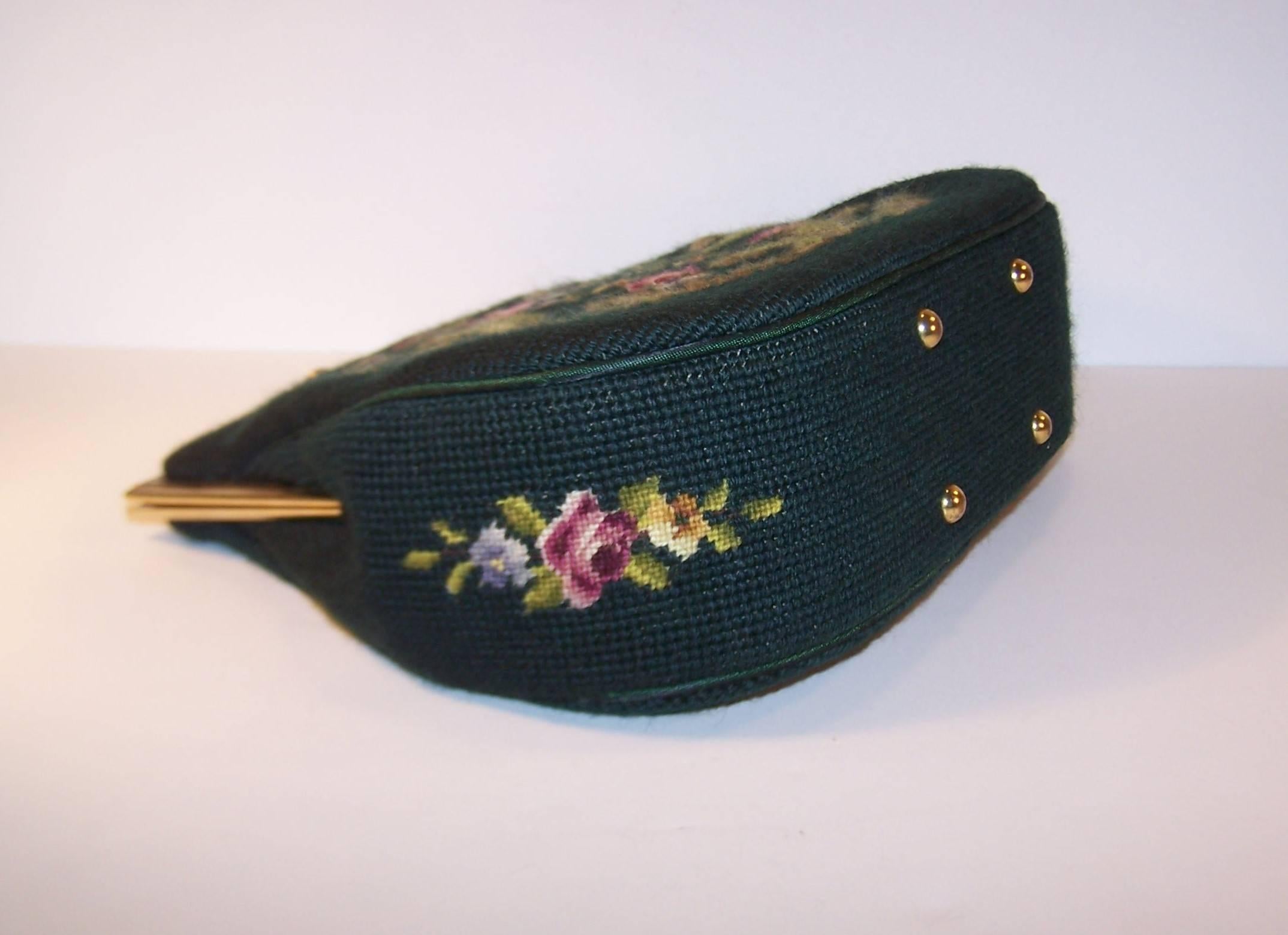 1950's Green Needlepoint Handbag With Floral Motif & Chain Handle 2