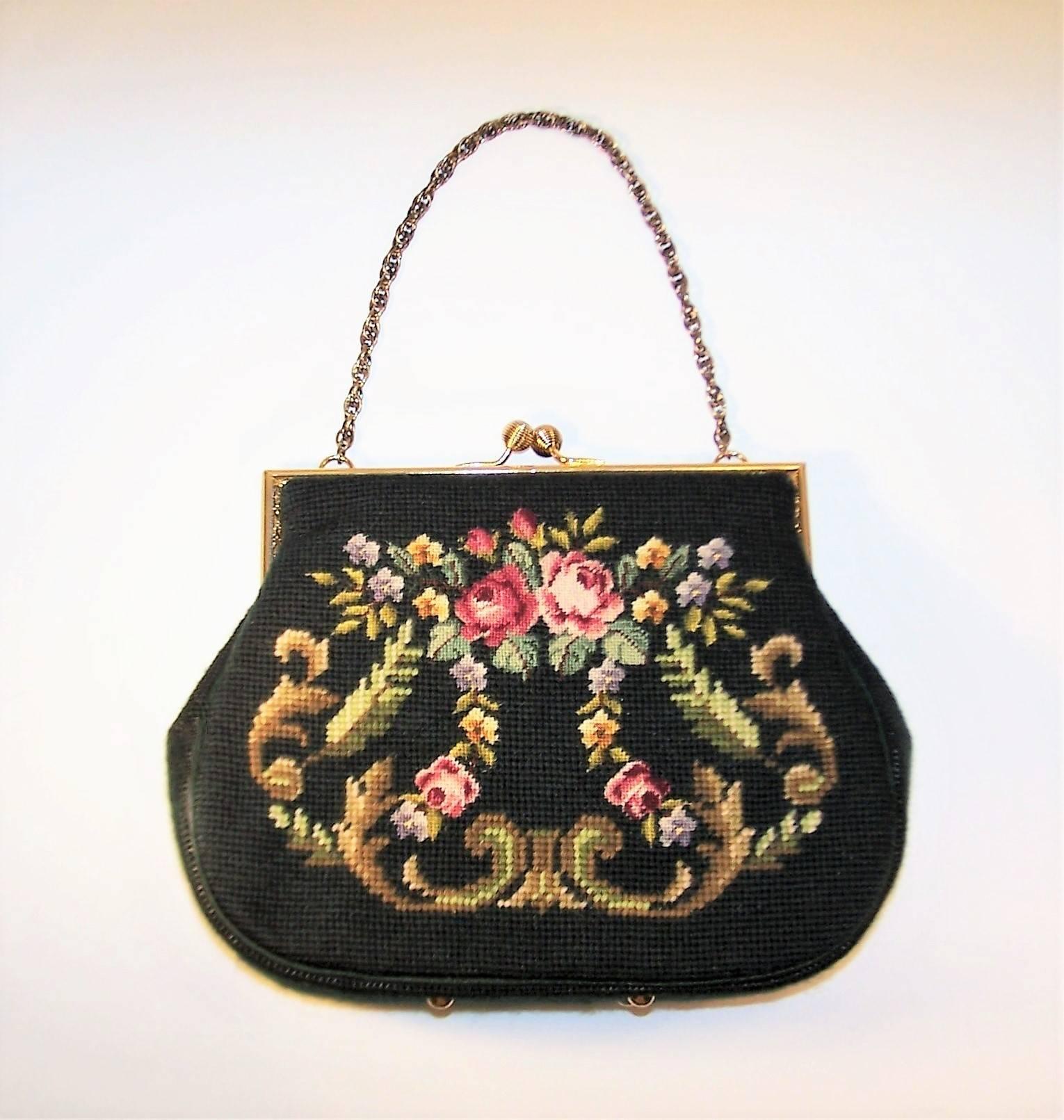 1950's Green Needlepoint Handbag With Floral Motif & Chain Handle 4