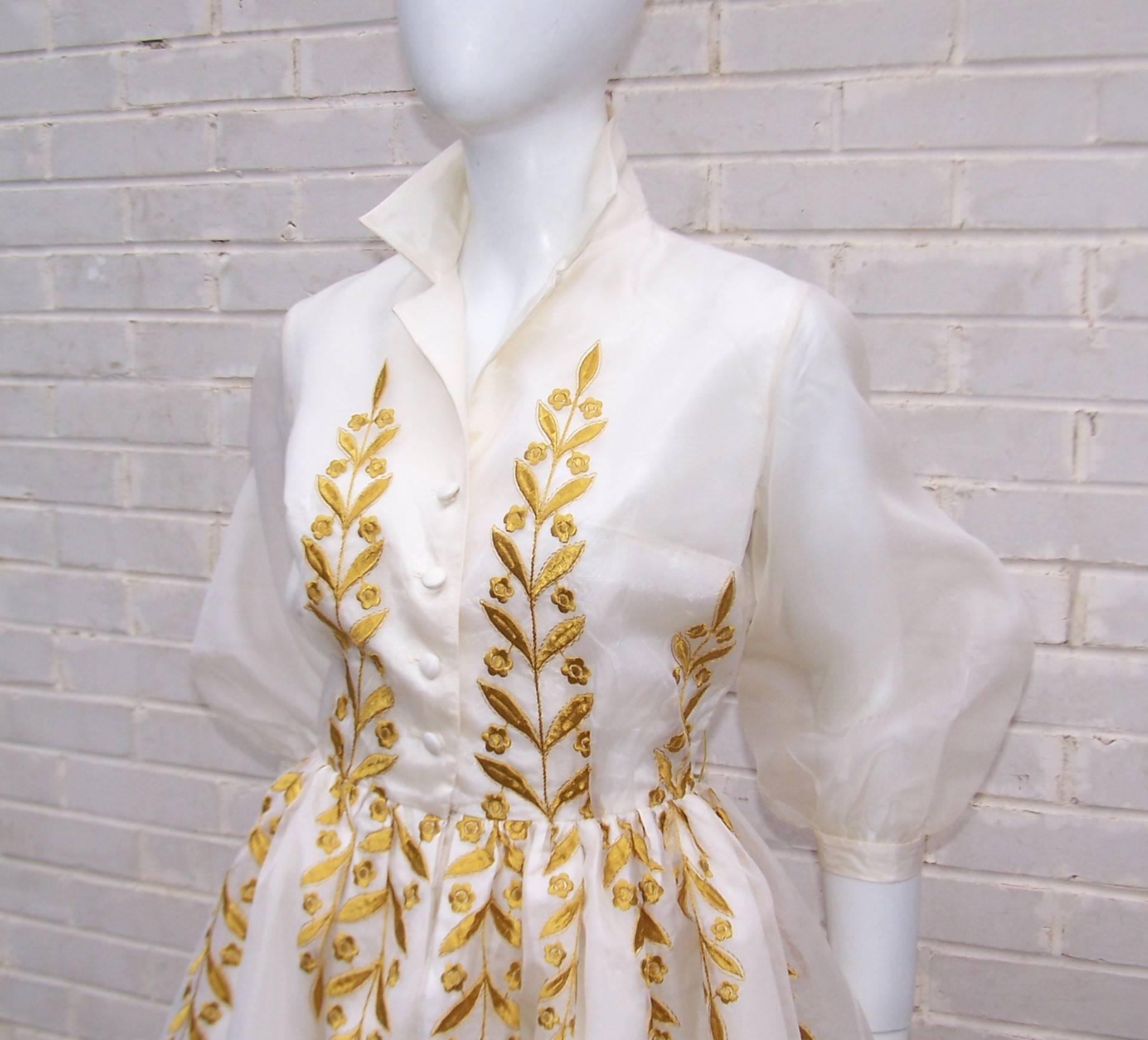 Ladylike 1950's Jr. Theme Embroidered White Silk Organza Dress 1