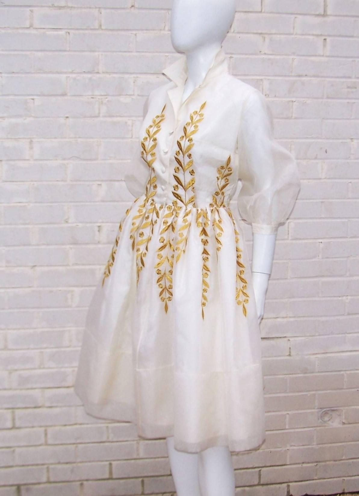 Ladylike 1950's Jr. Theme Embroidered White Silk Organza Dress 2