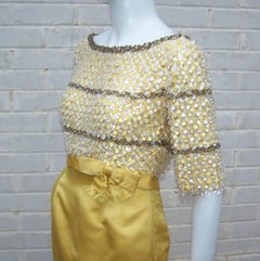 Glam C.1960 Heavily Beaded Goldenrod Satin Evening Gown Dress