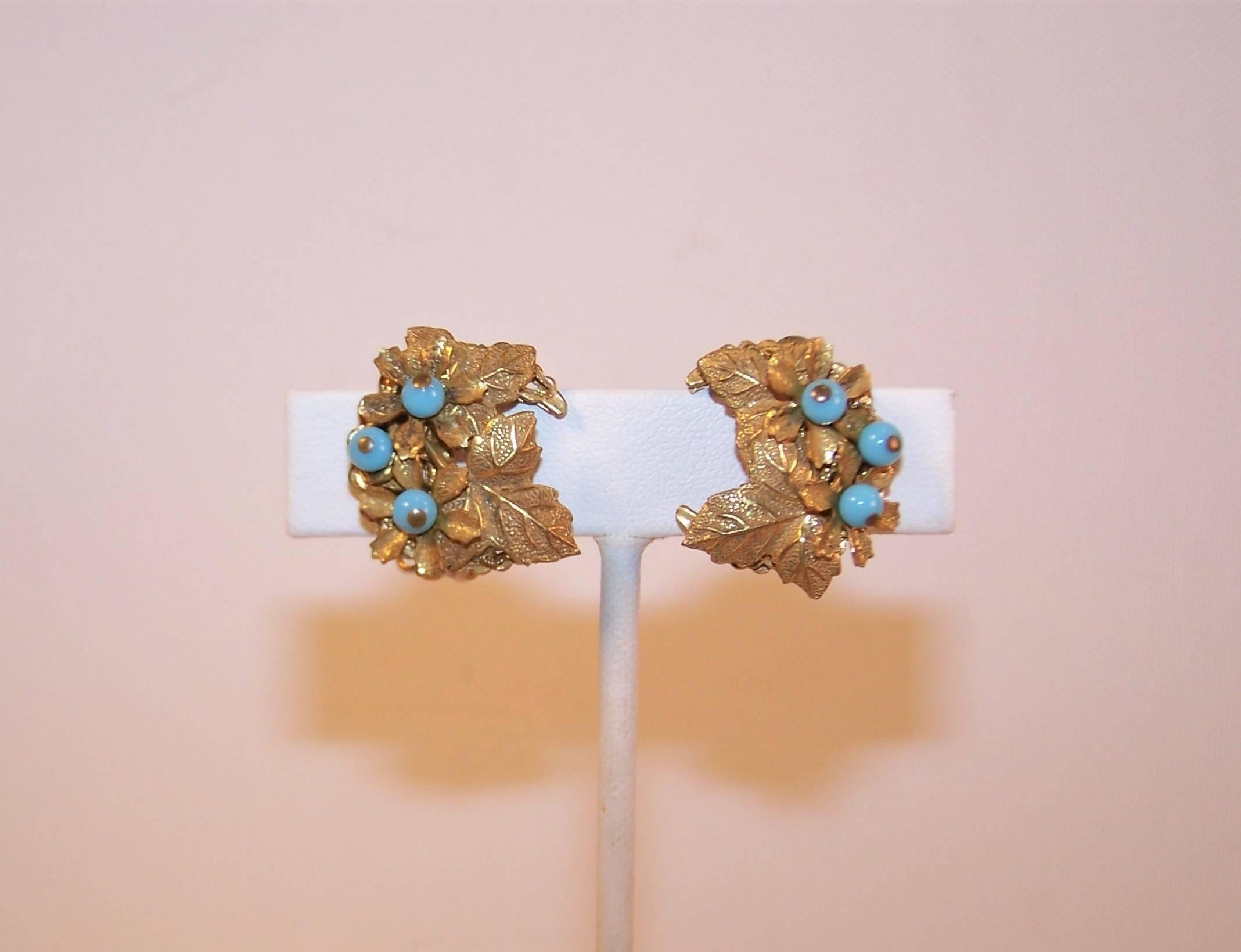C.1980 Stanley Hagler Gilt Floral Earrings With Turquoise Beads In Excellent Condition In Atlanta, GA
