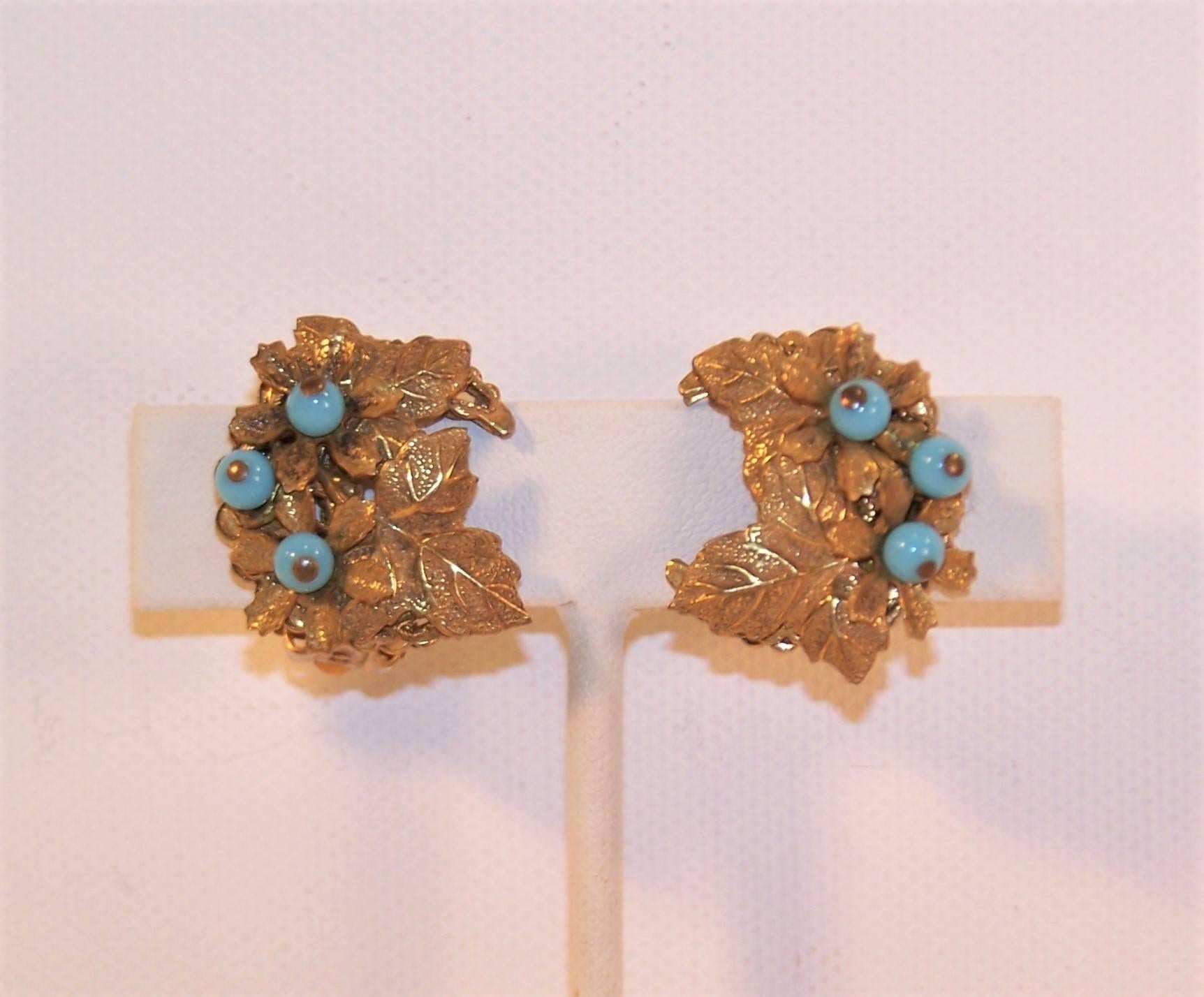 Women's C.1980 Stanley Hagler Gilt Floral Earrings With Turquoise Beads