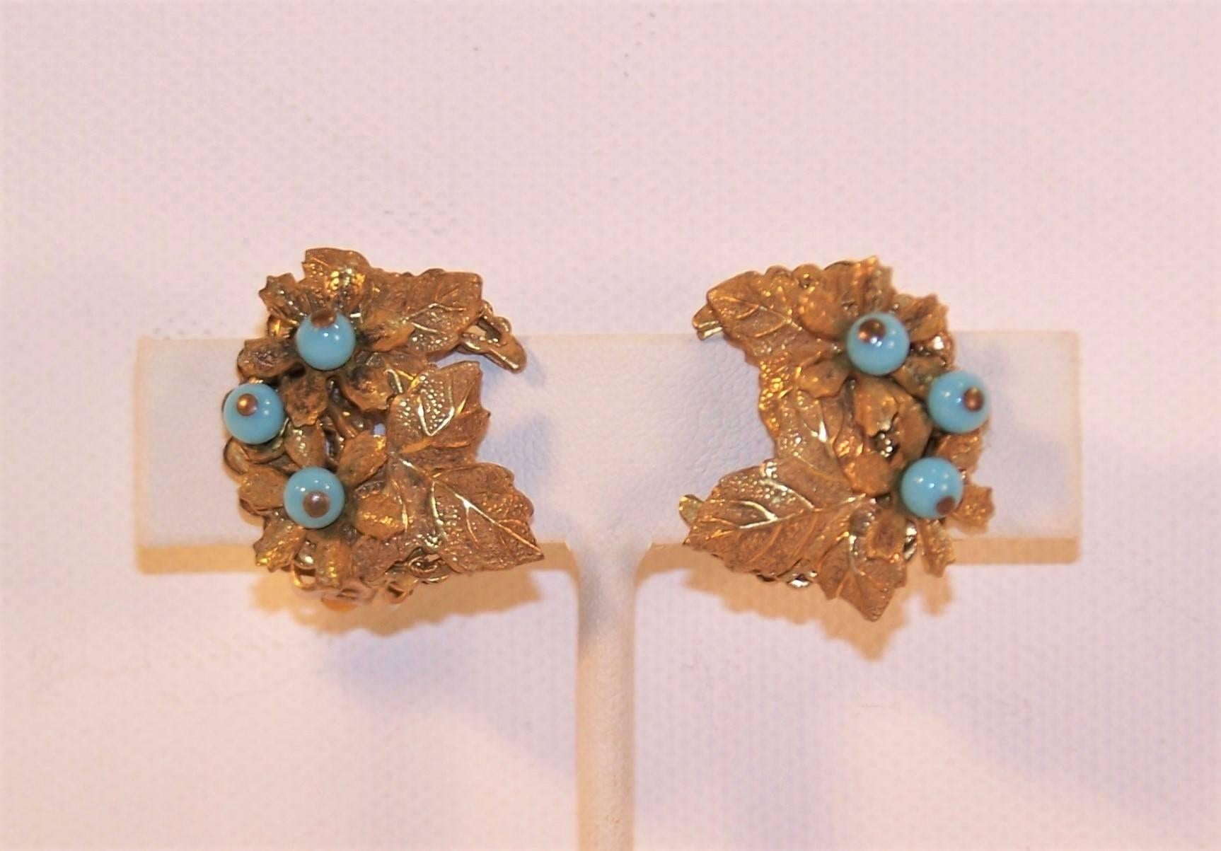 C.1980 Stanley Hagler Gilt Floral Earrings With Turquoise Beads 1