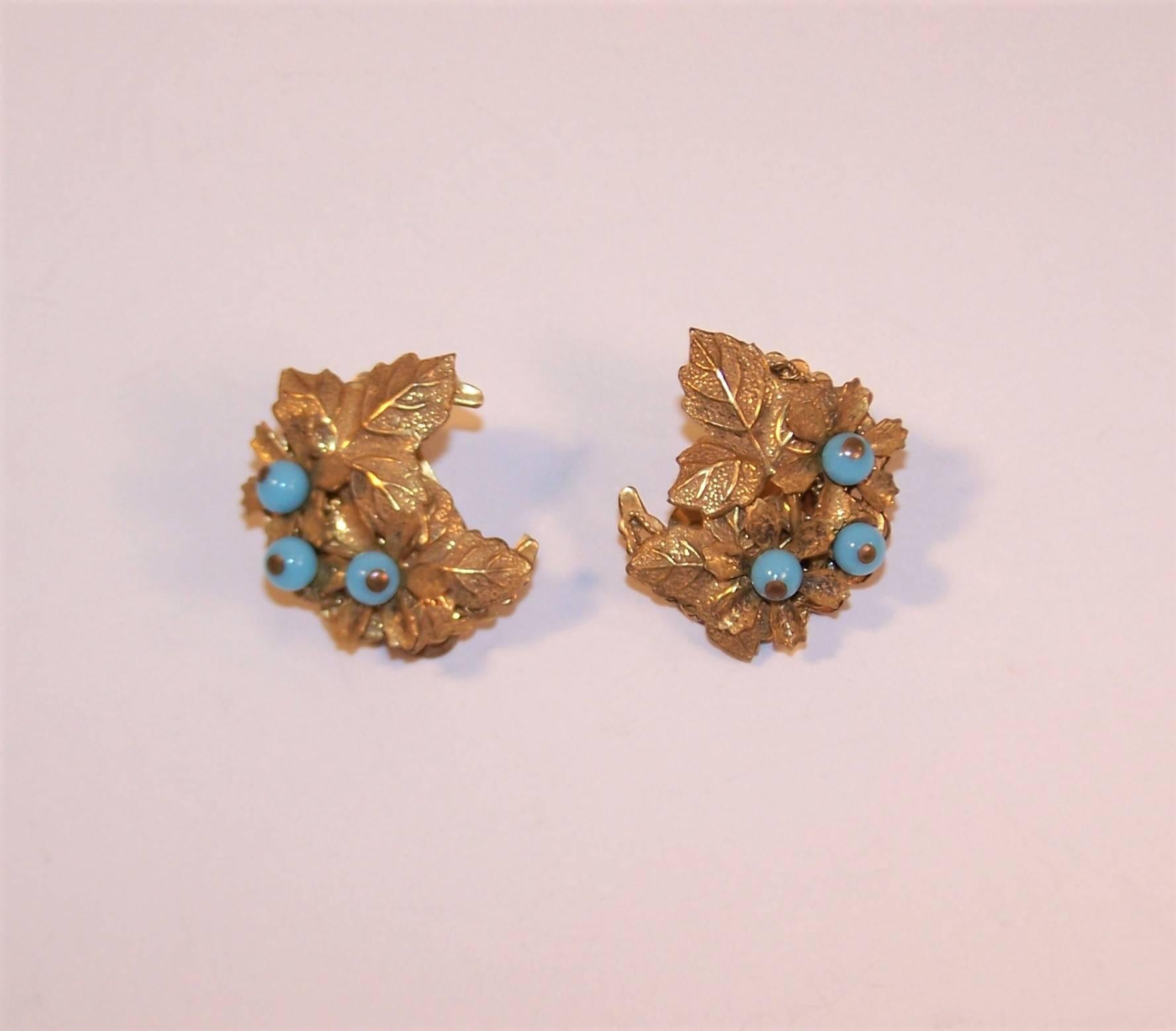 C.1980 Stanley Hagler Gilt Floral Earrings With Turquoise Beads 2