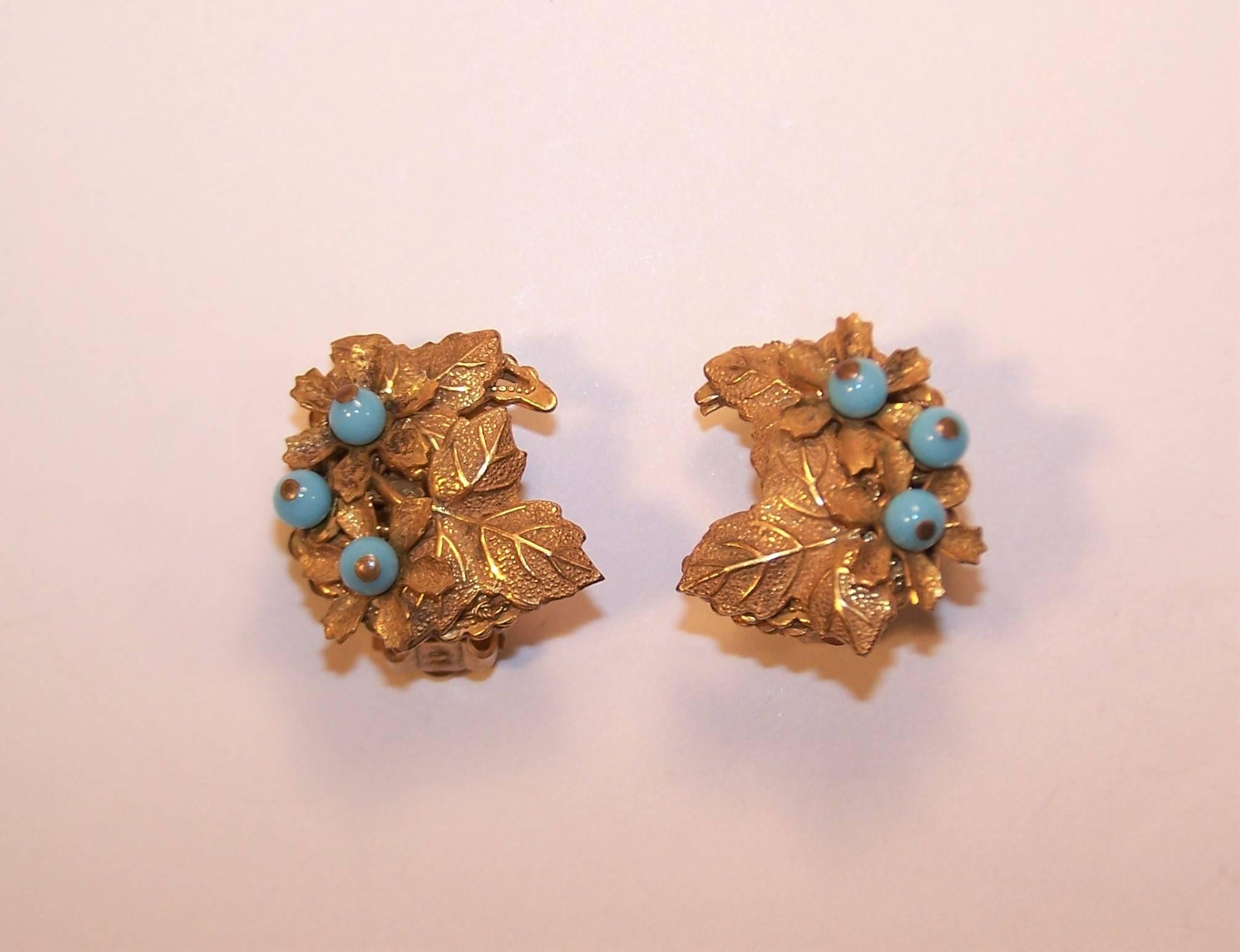 C.1980 Stanley Hagler Gilt Floral Earrings With Turquoise Beads 3