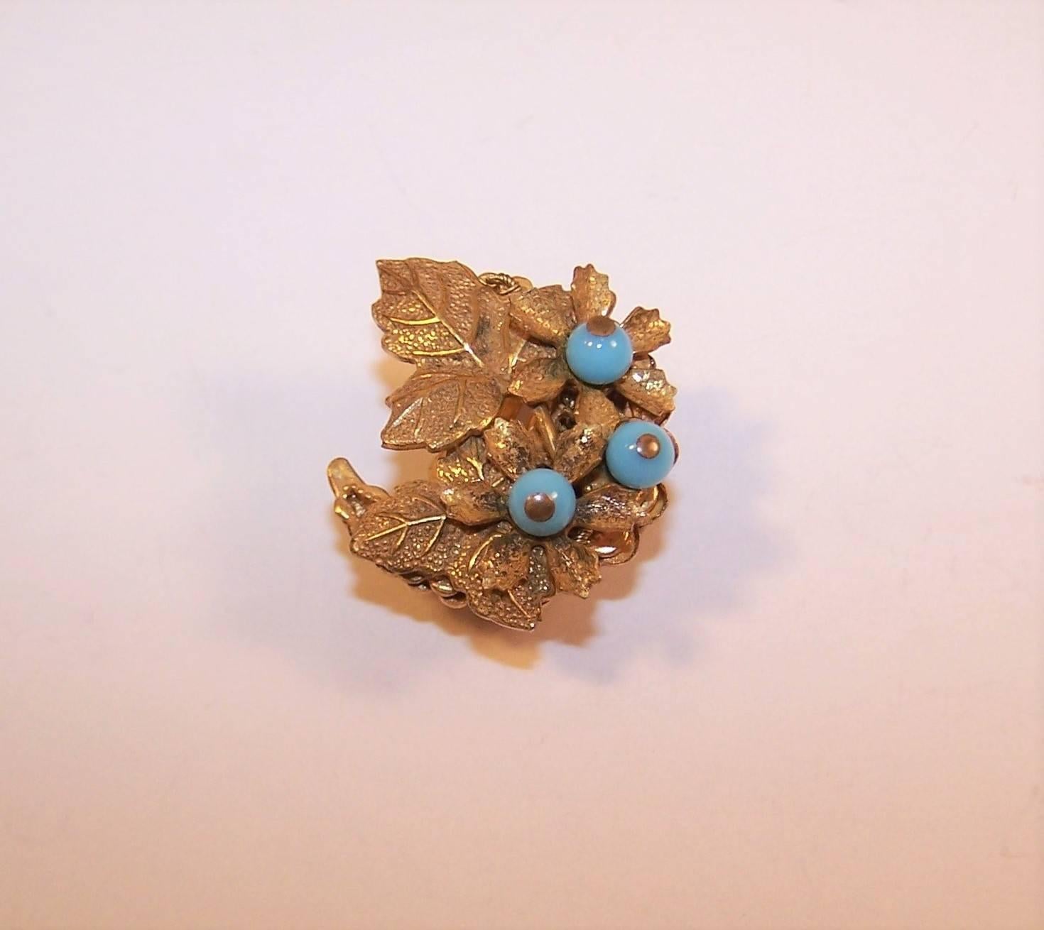 C.1980 Stanley Hagler Gilt Floral Earrings With Turquoise Beads 4