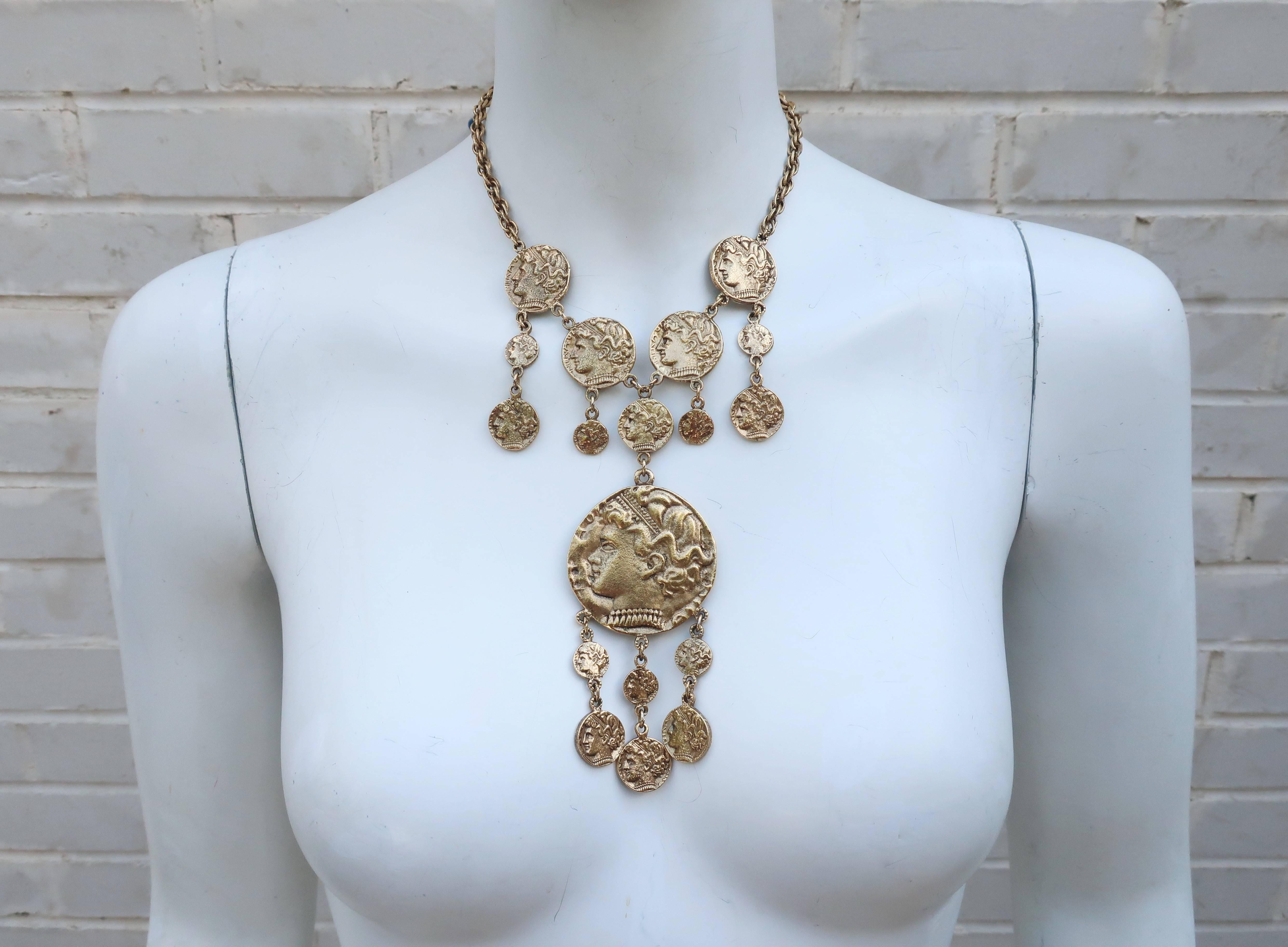 Classical Roman Rich 1970's Trifari Gold Coin Medallion Necklace 