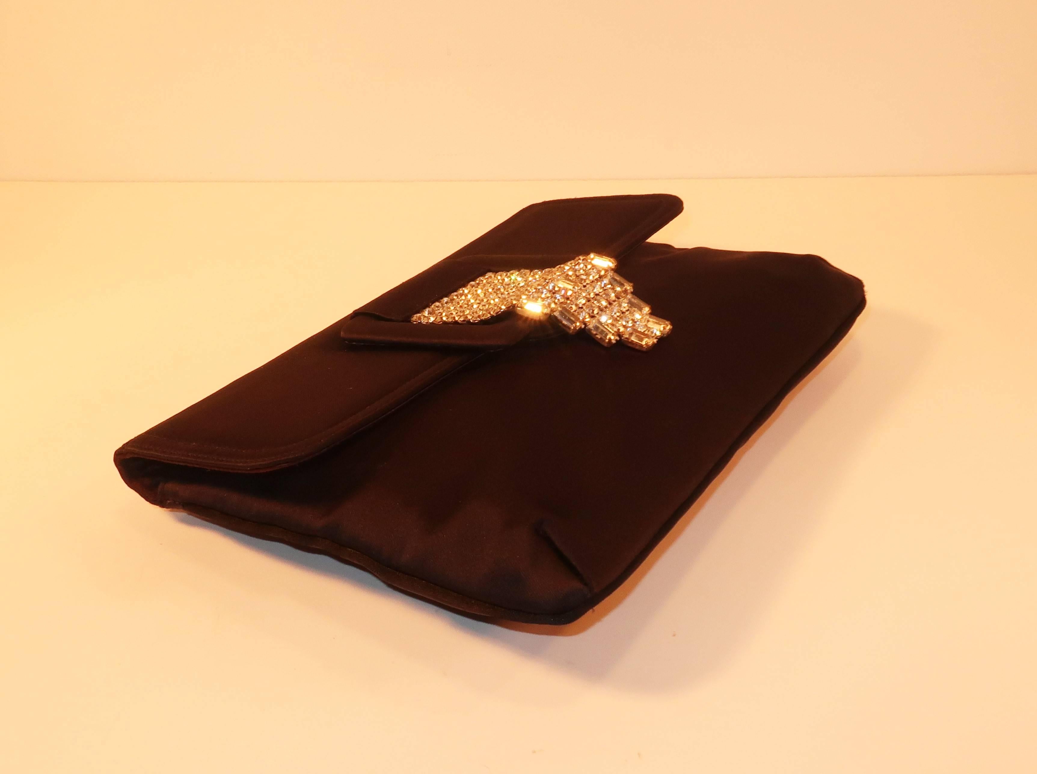 Art Deco 1950's Morris Moskowitz Black Satin & Rhinestone Clutch Handbag 4