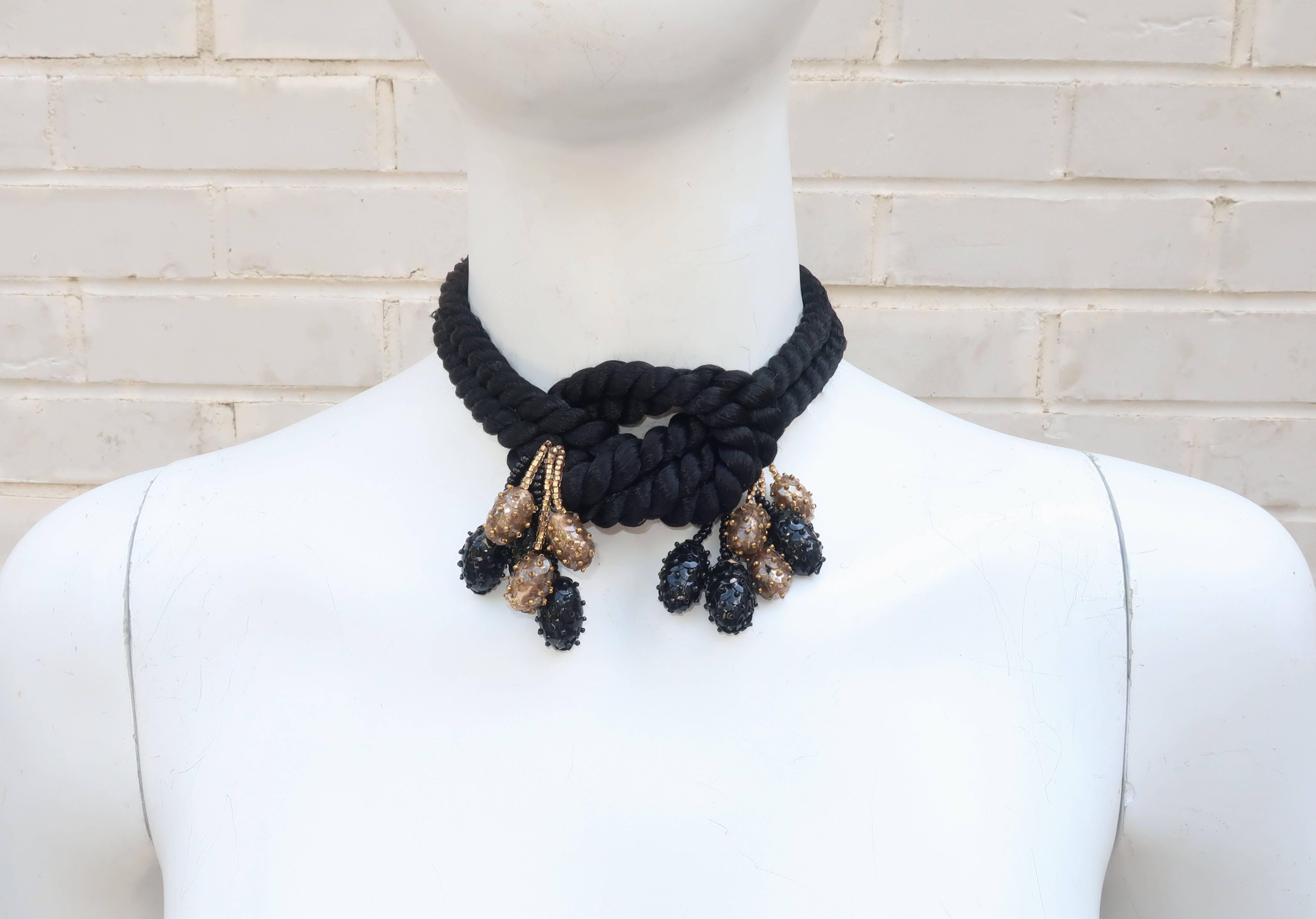 1980's Black Silk Cord Choker Necklace With Dangling Beads at 1stDibs