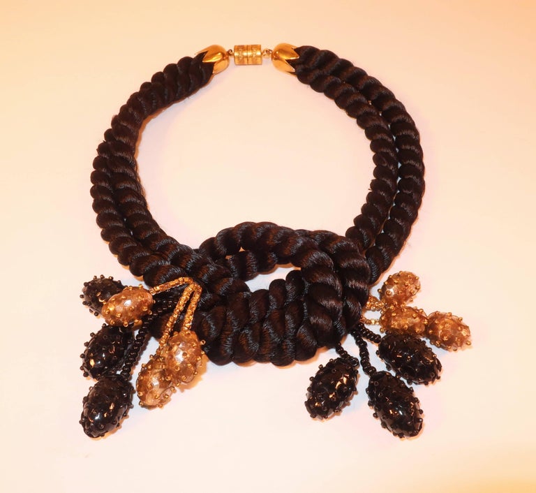 1980's Black Silk Cord Choker Necklace With Dangling Beads at 1stDibs