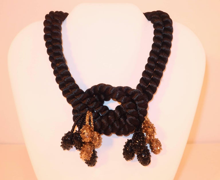 1980's Black Silk Cord Choker Necklace With Dangling Beads at 1stDibs