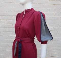 1970s Burgundy, Blue & Gray Wool Knit Dress With Balloon Sleeves