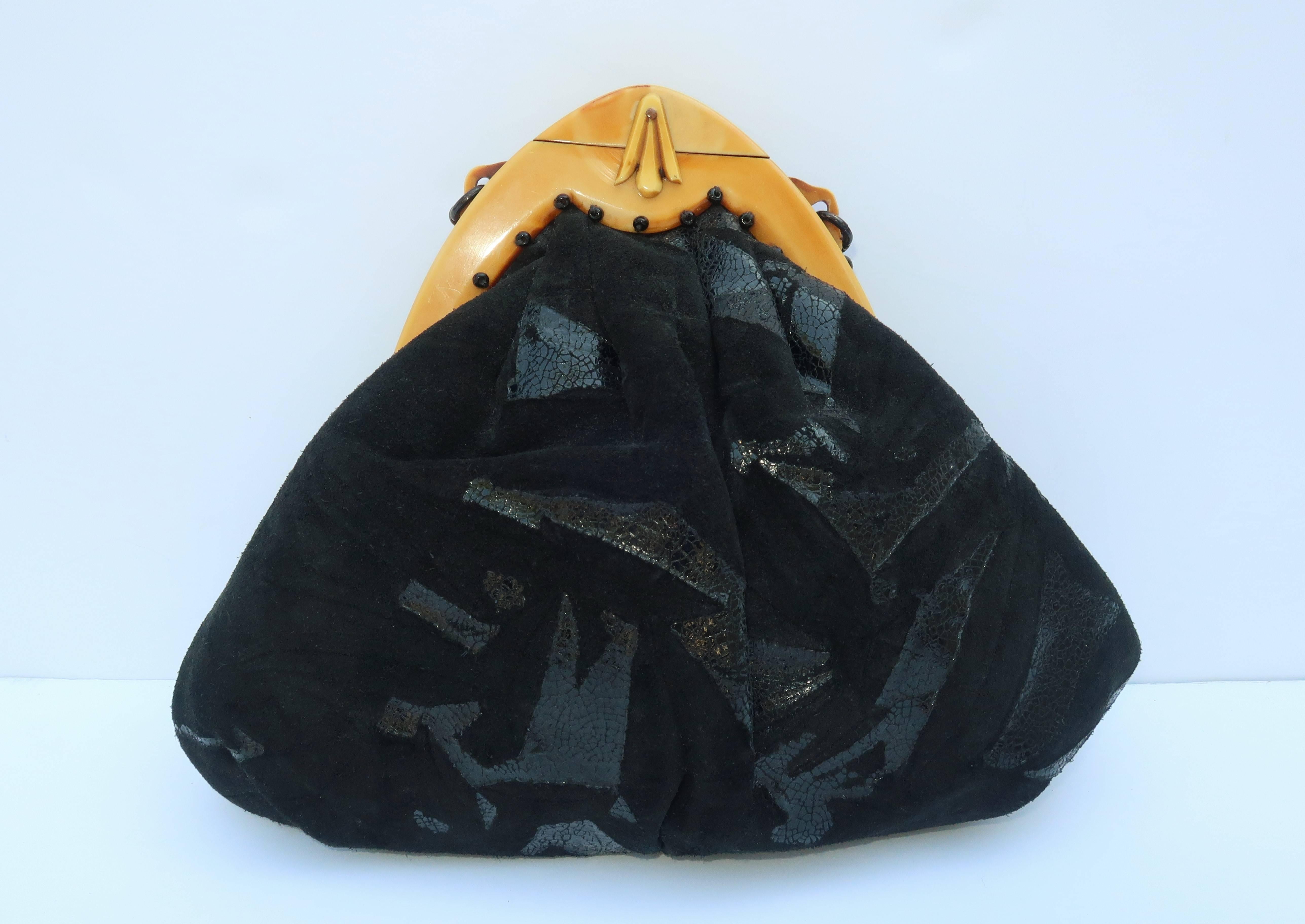 1990's Grace Ann Agostino Black Suede Handbag With Celluloid Frame In Excellent Condition In Atlanta, GA